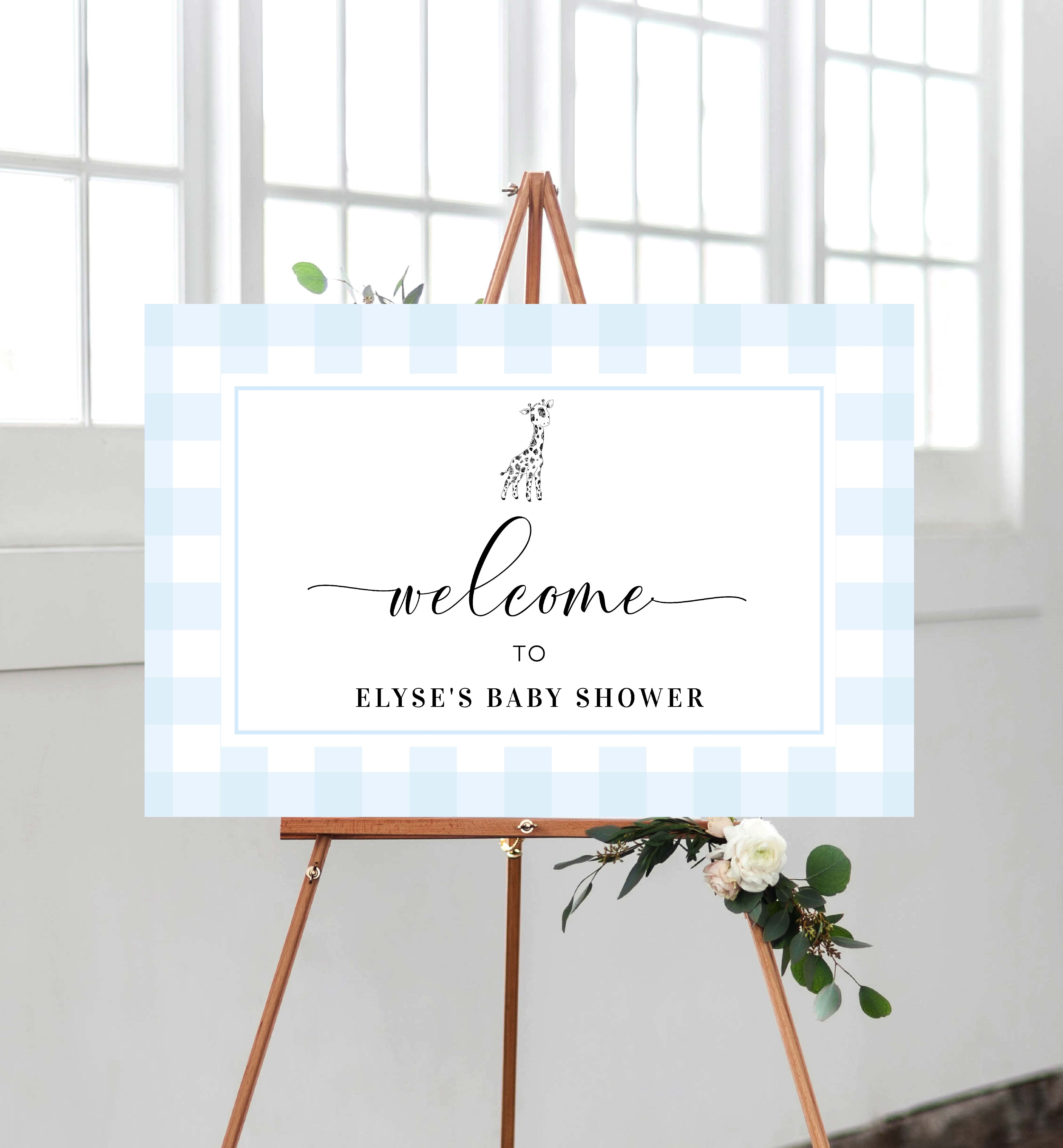 GIN-BLU-3-B2741 - GINGHAM - BLUE GIRAFFE - WELCOME SIGN design preview