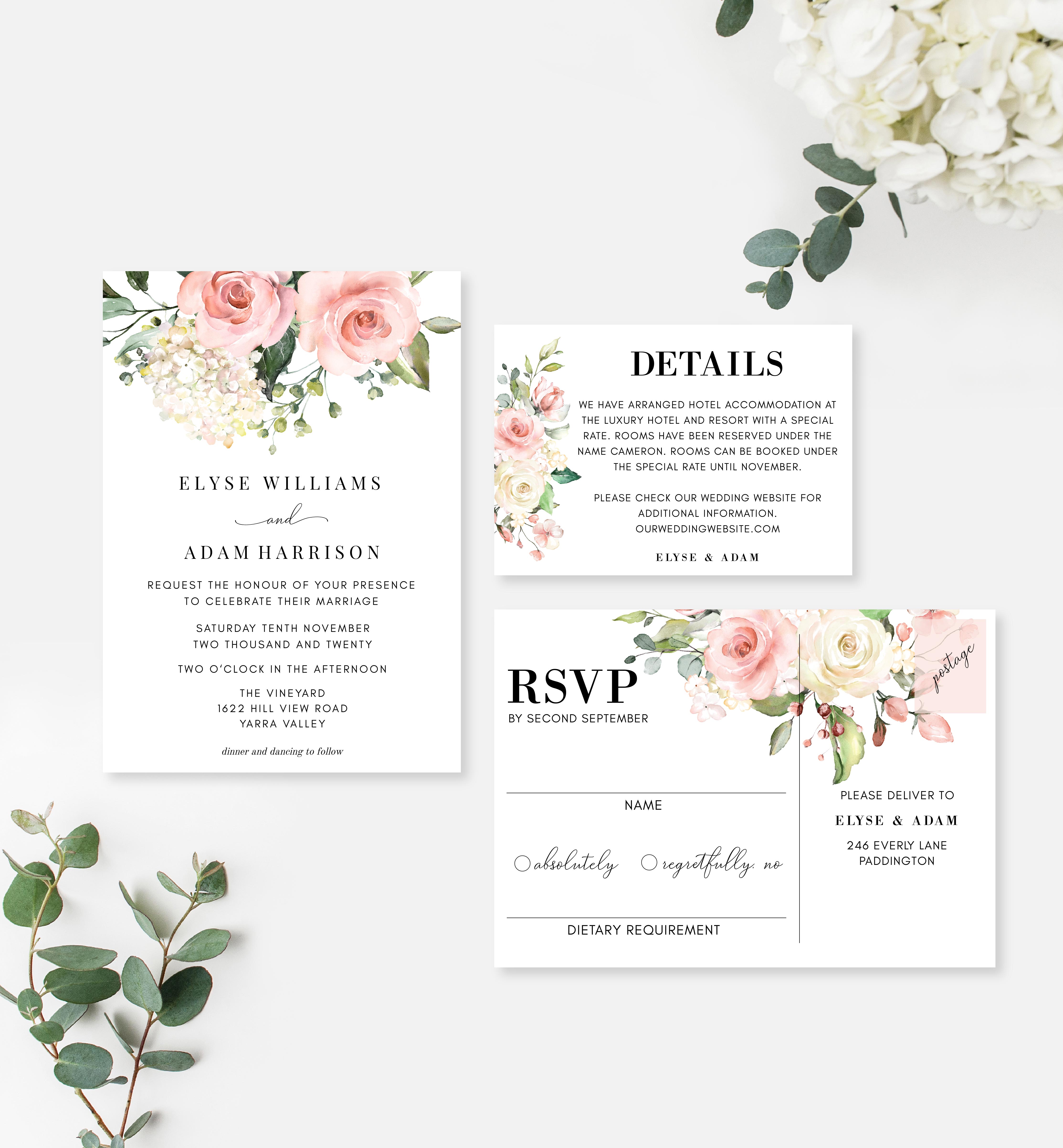 DAR-PNK-1-B171 - DARCY FLORAL - PINK - WEDDING INVITATION SUITE design preview