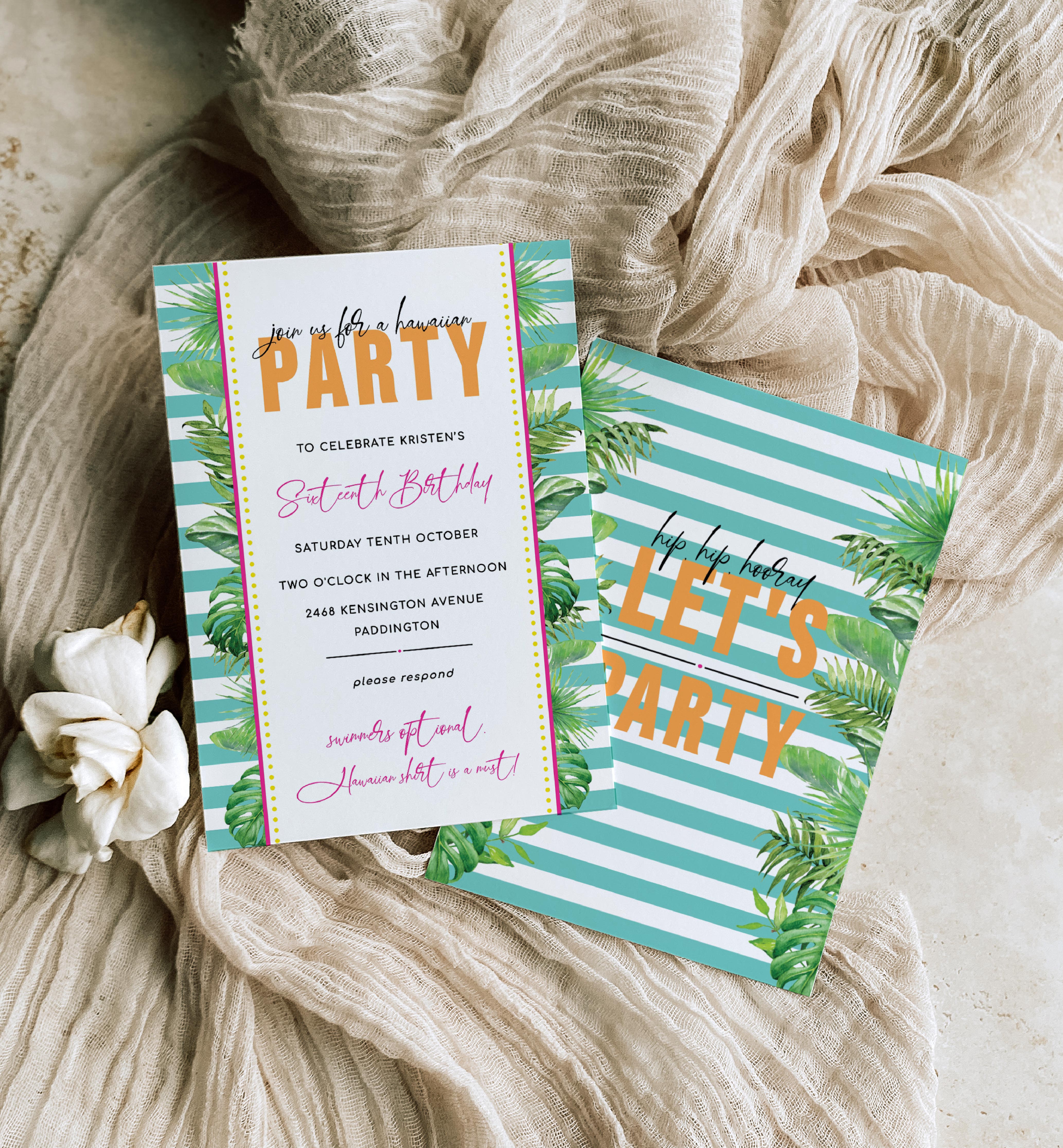 TPH-BLU-1-B500 - TROPICAL HAWAIIAN - BLUE - BIRTHDAY INVITATION design preview