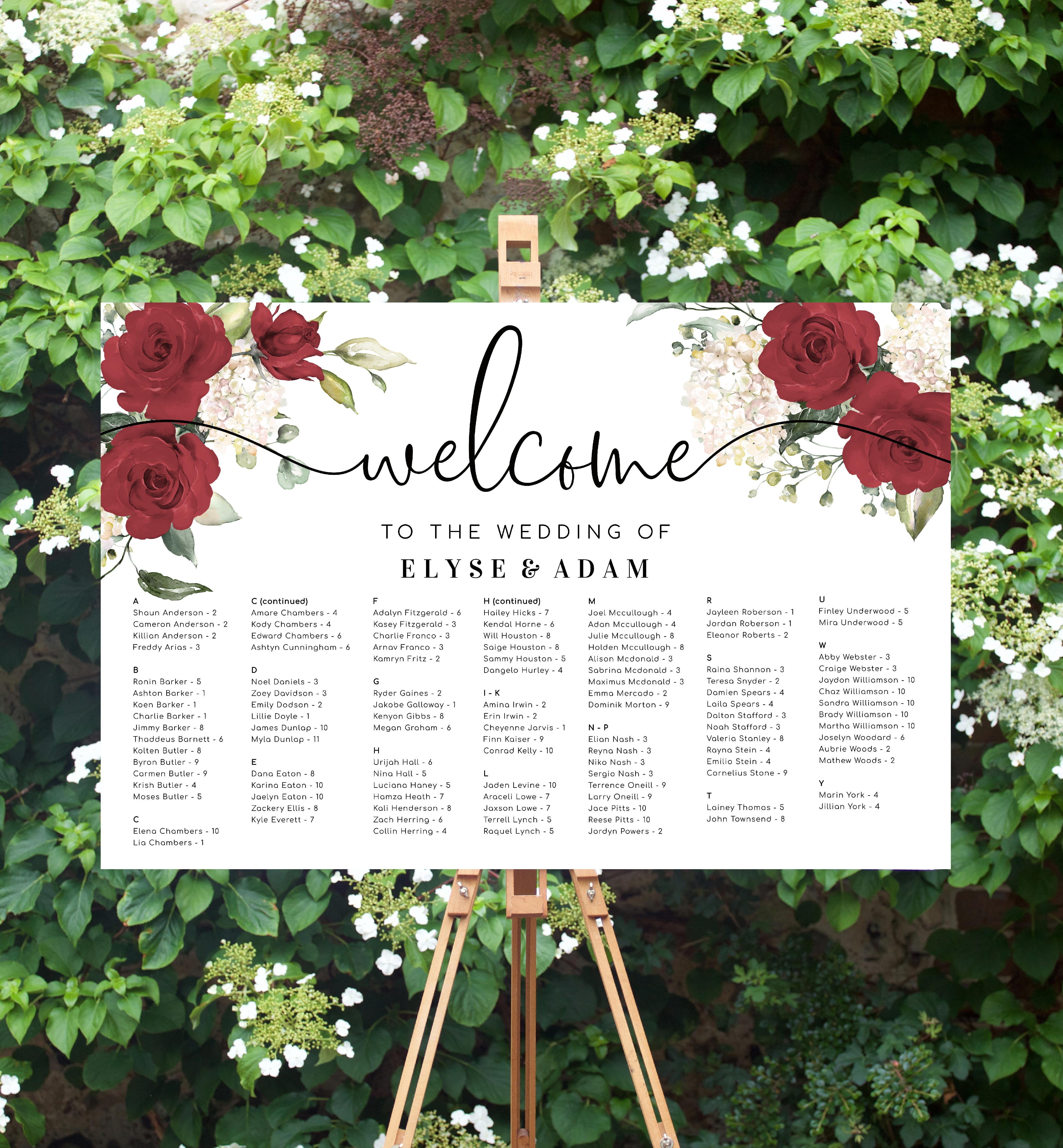 DAR-RED-4-B2073 - DARCY FLORAL - RED - SEATING CHART - ALPHABETICAL design preview