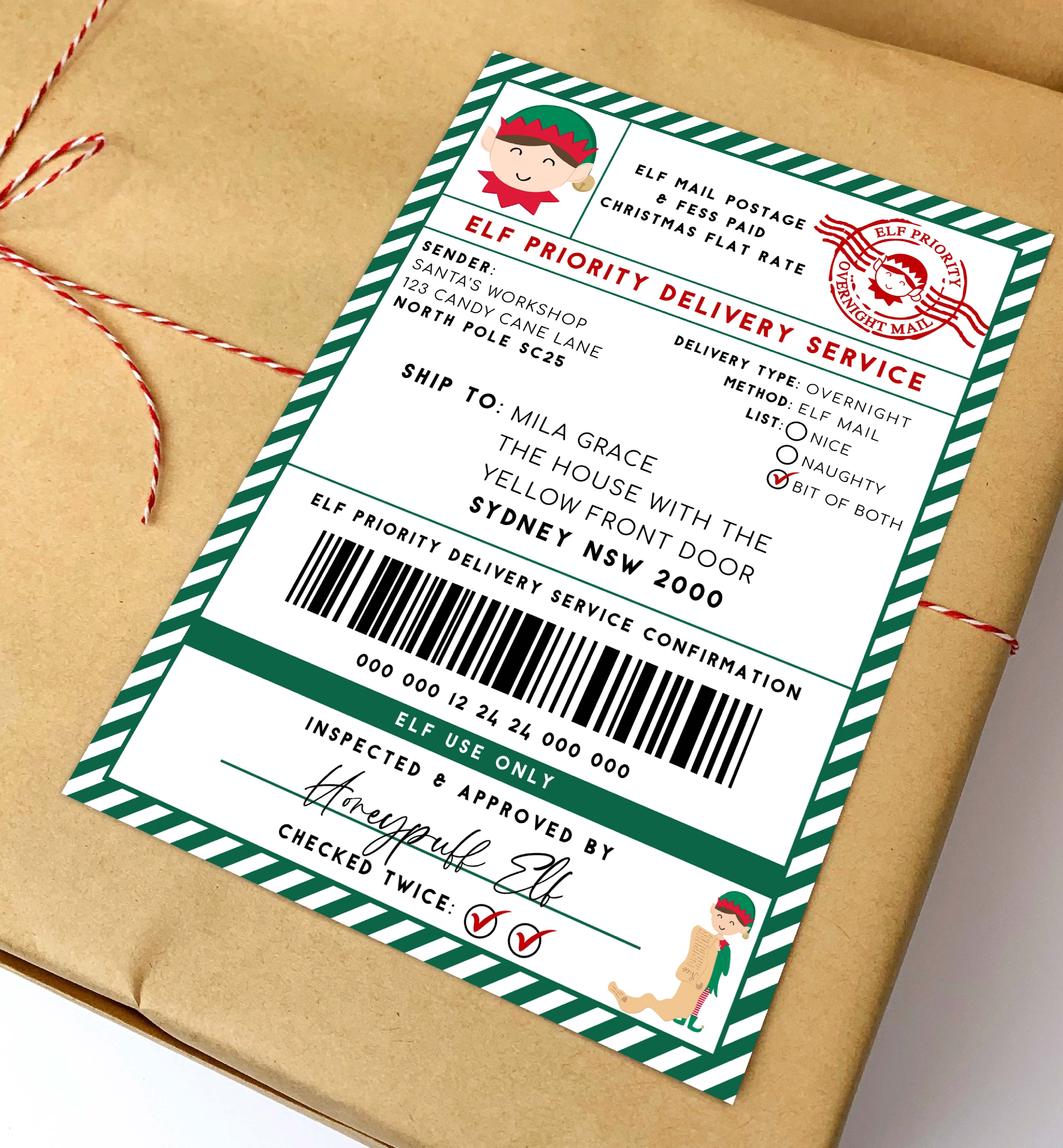 SAW-BGR-6-B2939 - SANTAS WORKSHOP - BOTTLE GREEN - ELF SHIPPING LABEL design preview