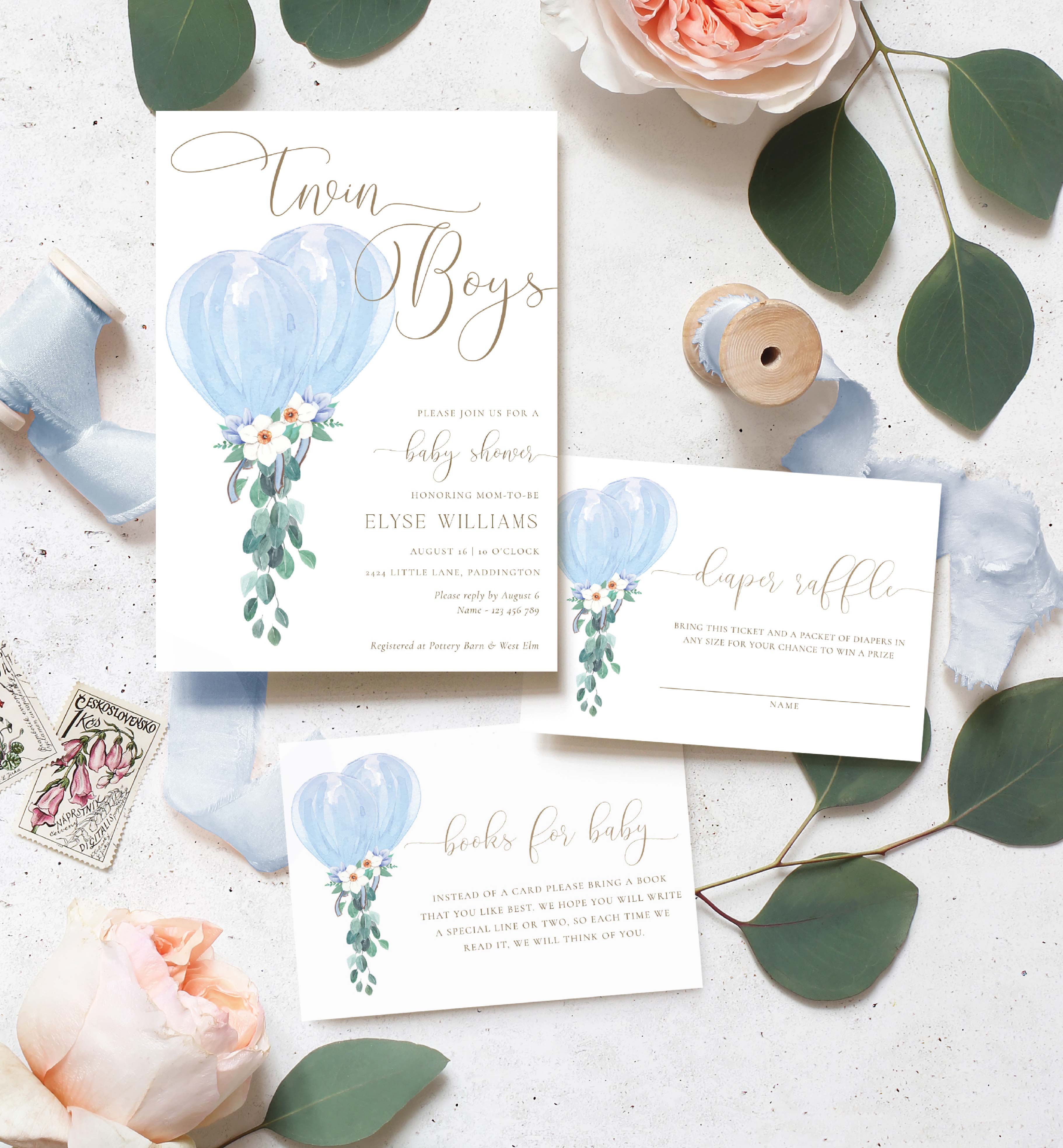 DAF-BLU-1-B3139 - DARLINGTON FLORAL - BLUE - TWINS BABY SHOWER INVITATION SUITE design preview