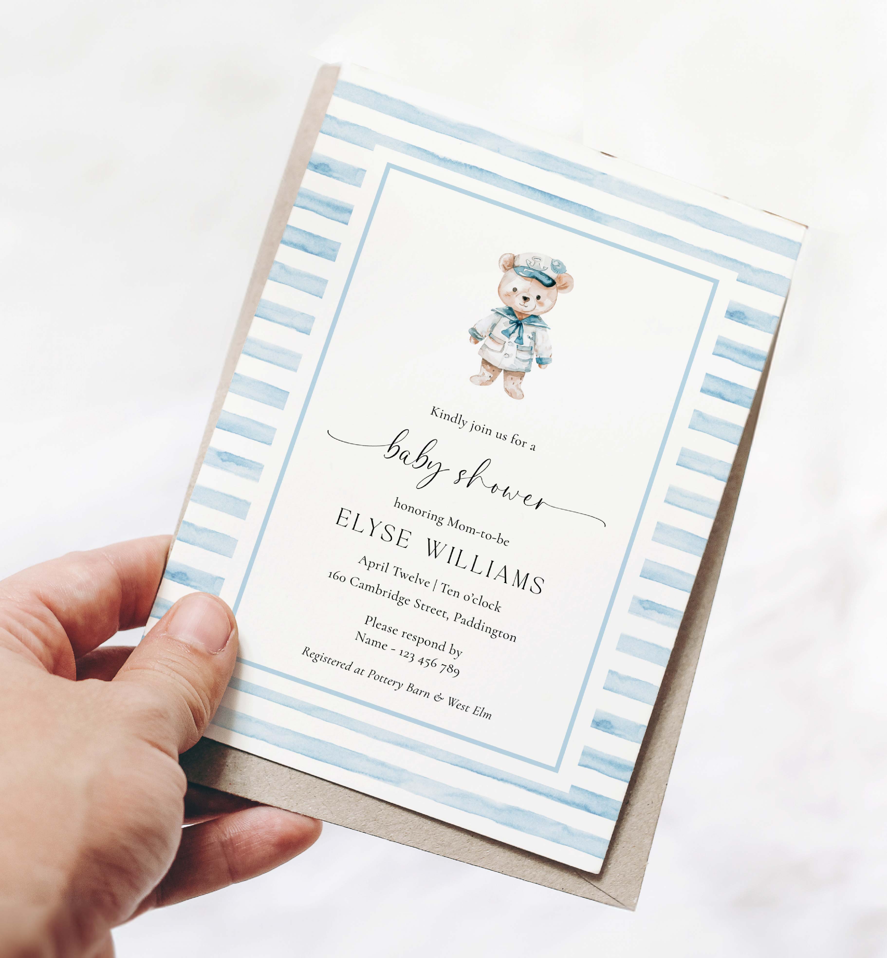 SBR-BLW-1-B3383 - SAILOR BEAR - BLUE WHITE - BABY SHOWER INVITATION design preview