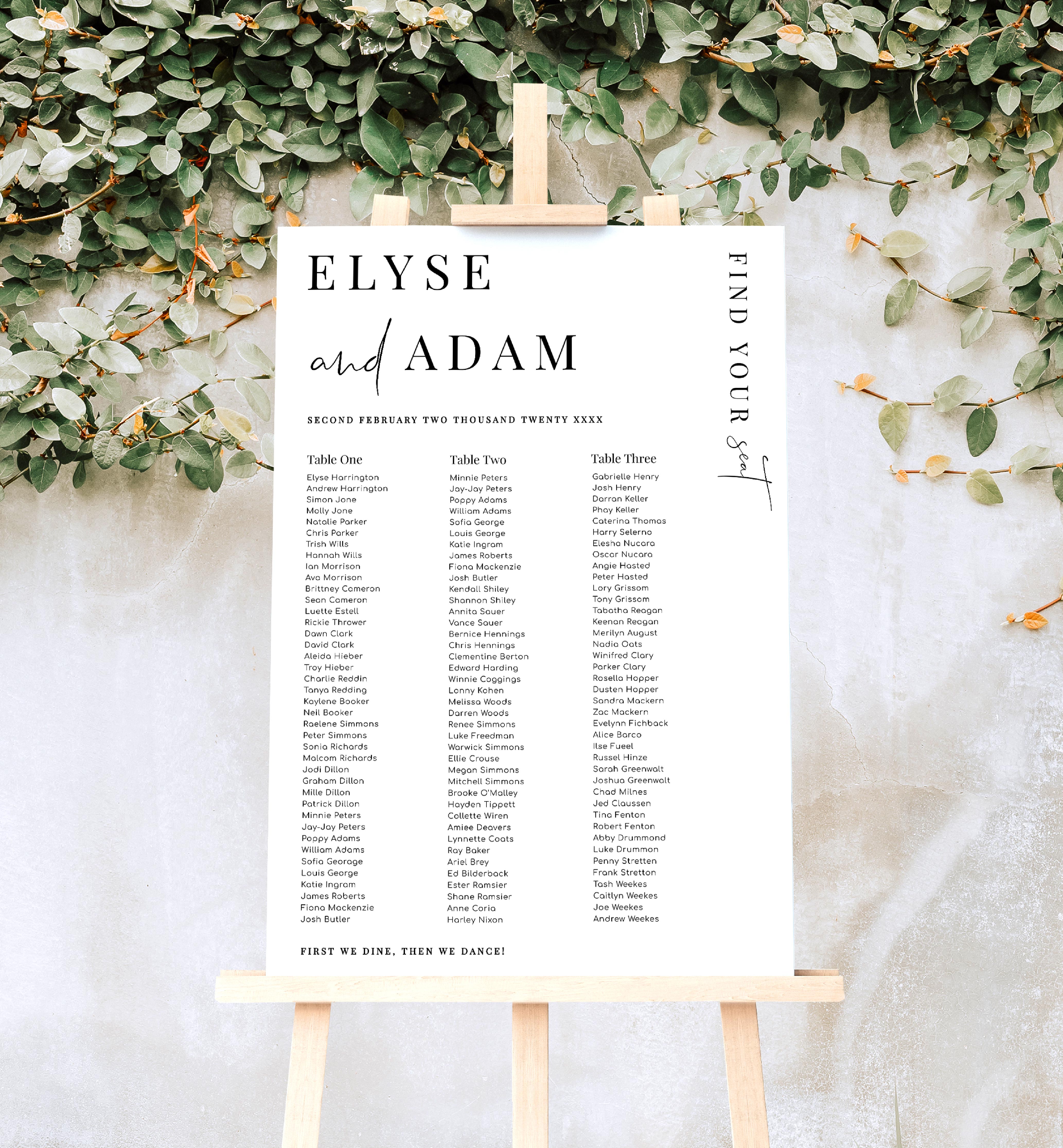 EST-WHT-4-B2355 - ESTELLE - WHITE - SEATING CHART - 3 BANQUET TABLES design preview