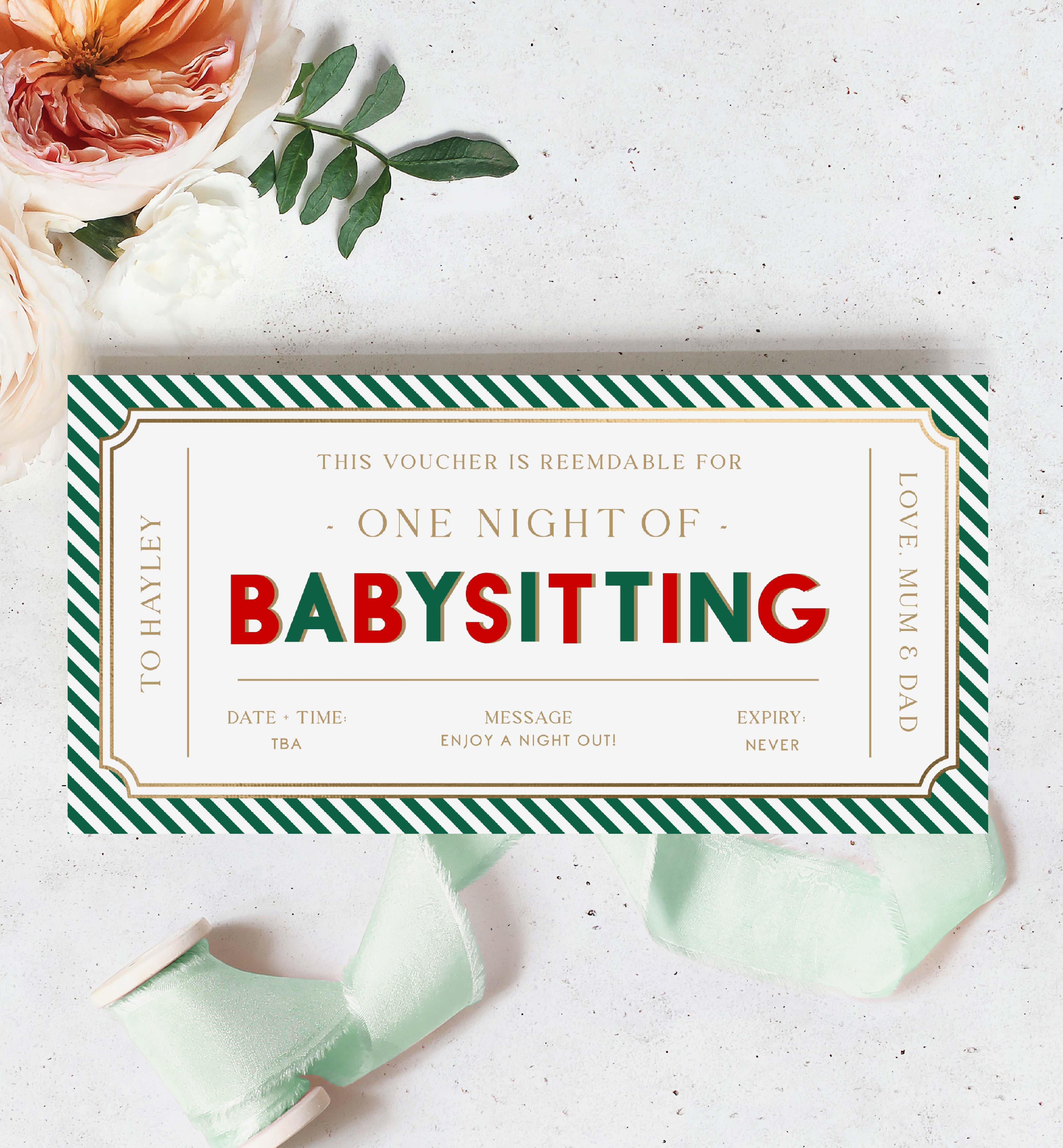 STR-GRD-14-B3013 - STRIPE - GREEN RED - BABYSITTING GIFT CERTIFICATE design preview