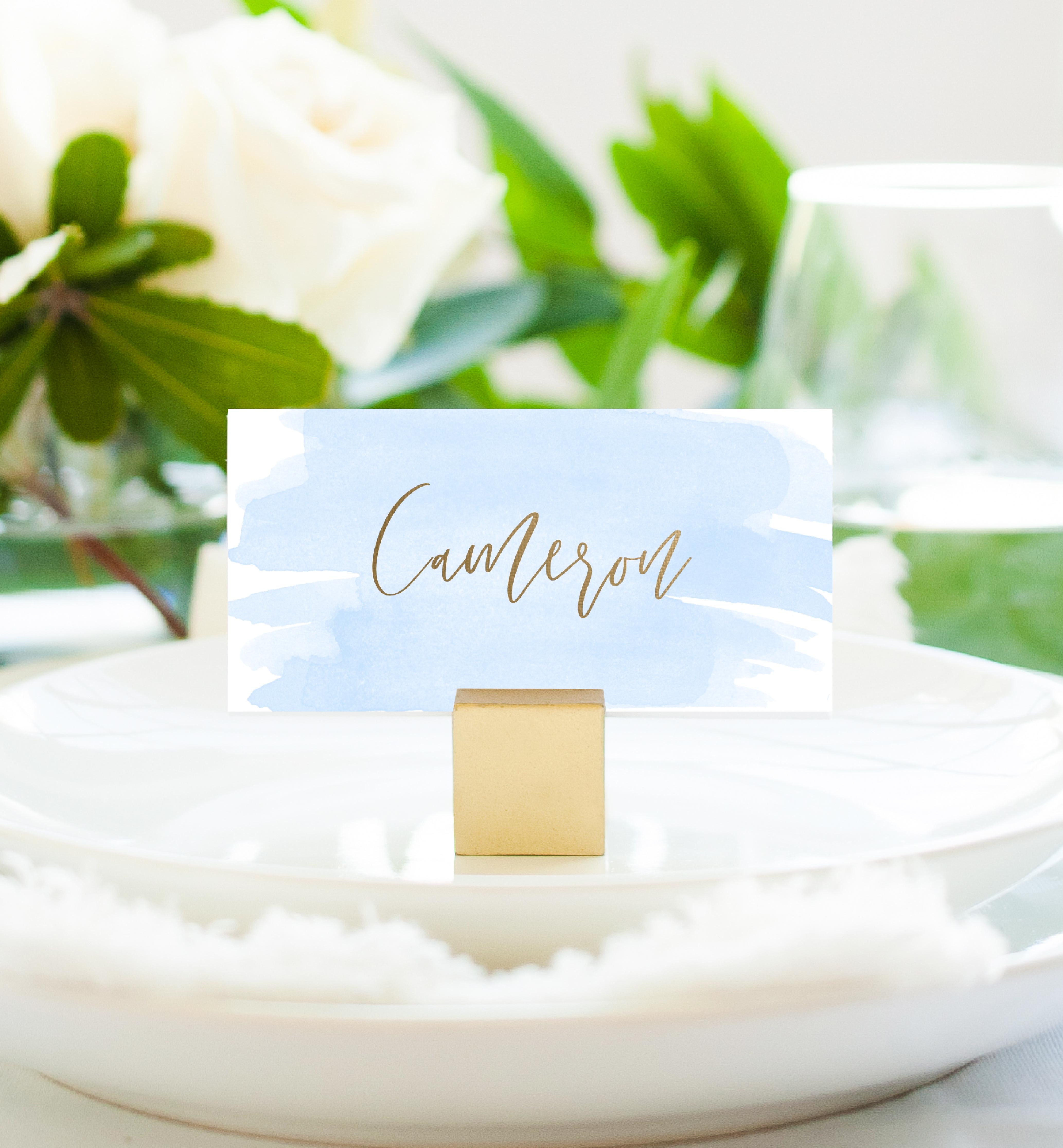 WAT-BLU-5-B1197 - WATERCOLOUR BLUE - GOLD - PLACE CARDS design preview