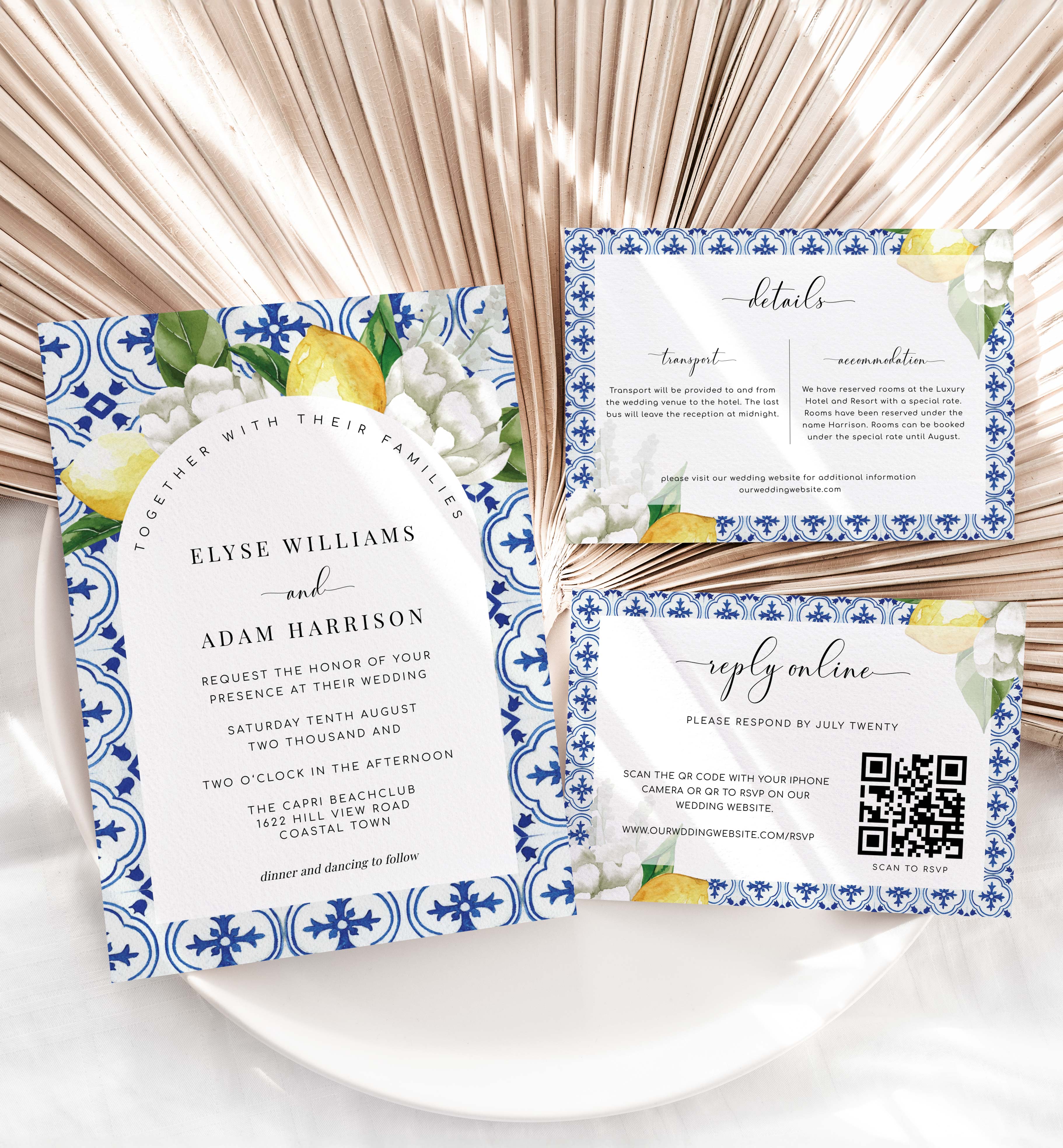 MED-BLU-1-B3310 - THE MED - LEMONS - WEDDING INVITATION ARCH SUITE - QR CODE RSVP CARD design preview
