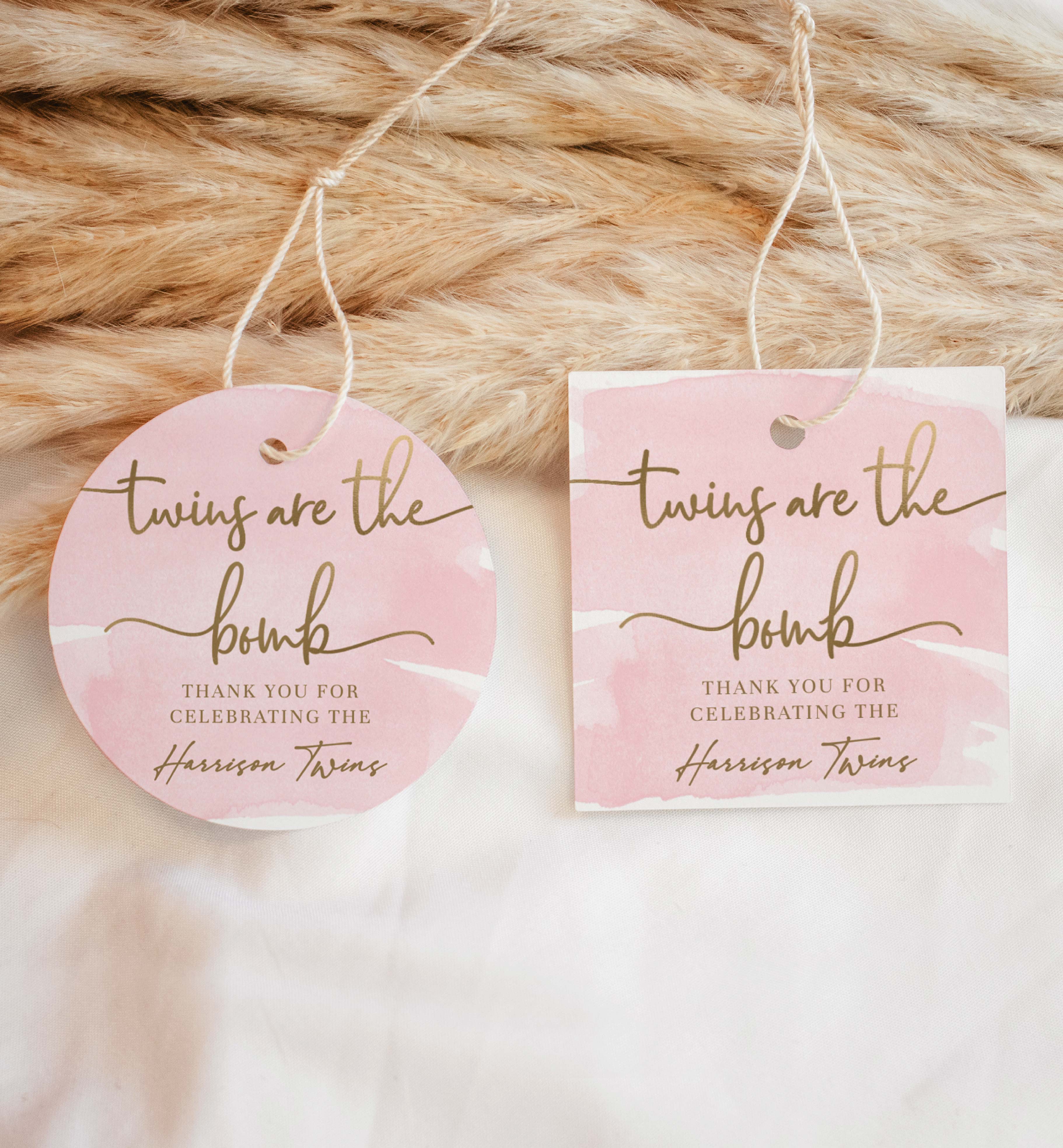 WAT-PNK-6-B2825 - WATERCOLOUR PINK - GOLD - TWINS ARE THE BOMB TAG design preview