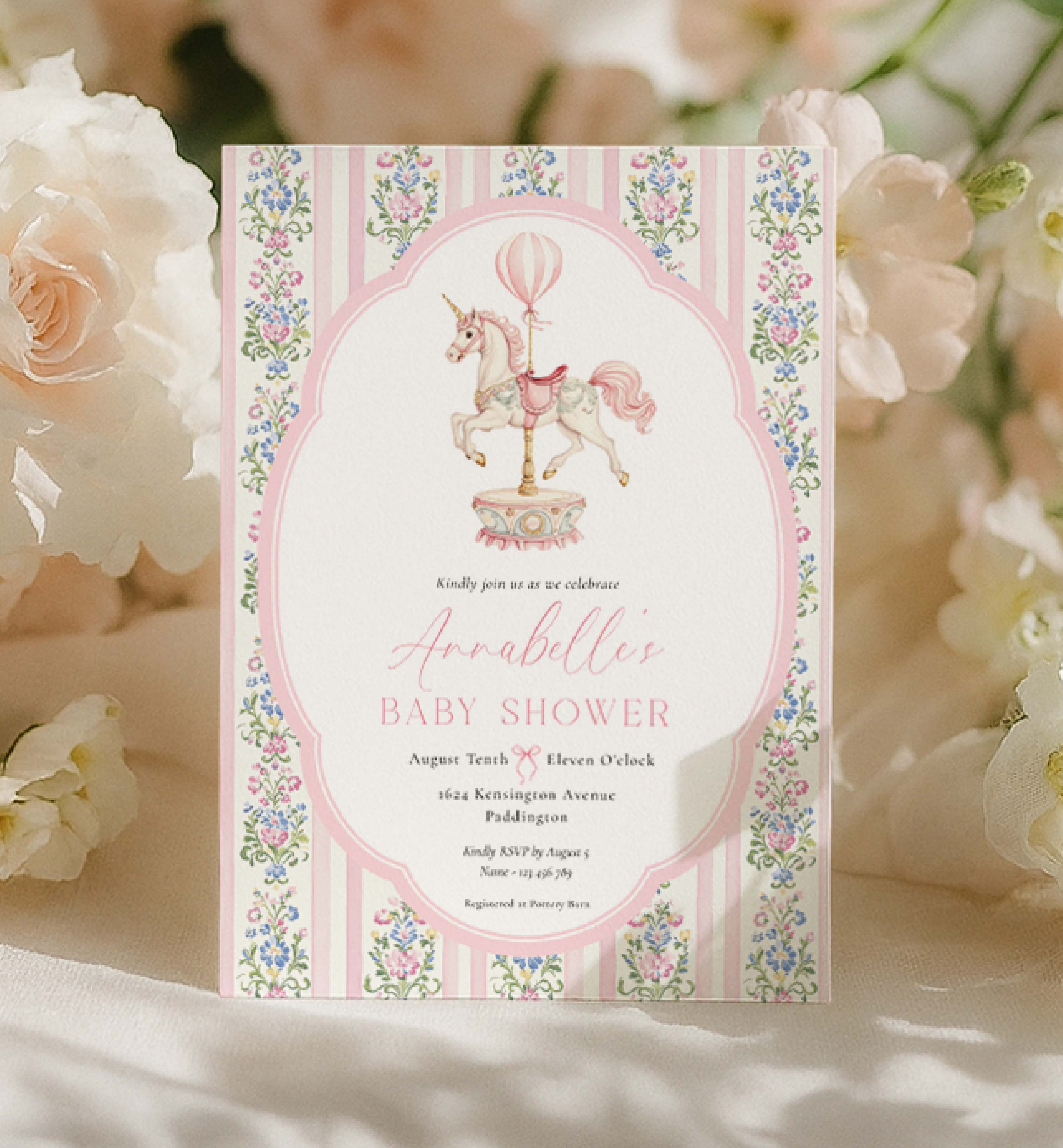 CAR-PNK-1-B3777 - CAROUSEL - PINK - BABY SHOWER INVITATION design preview