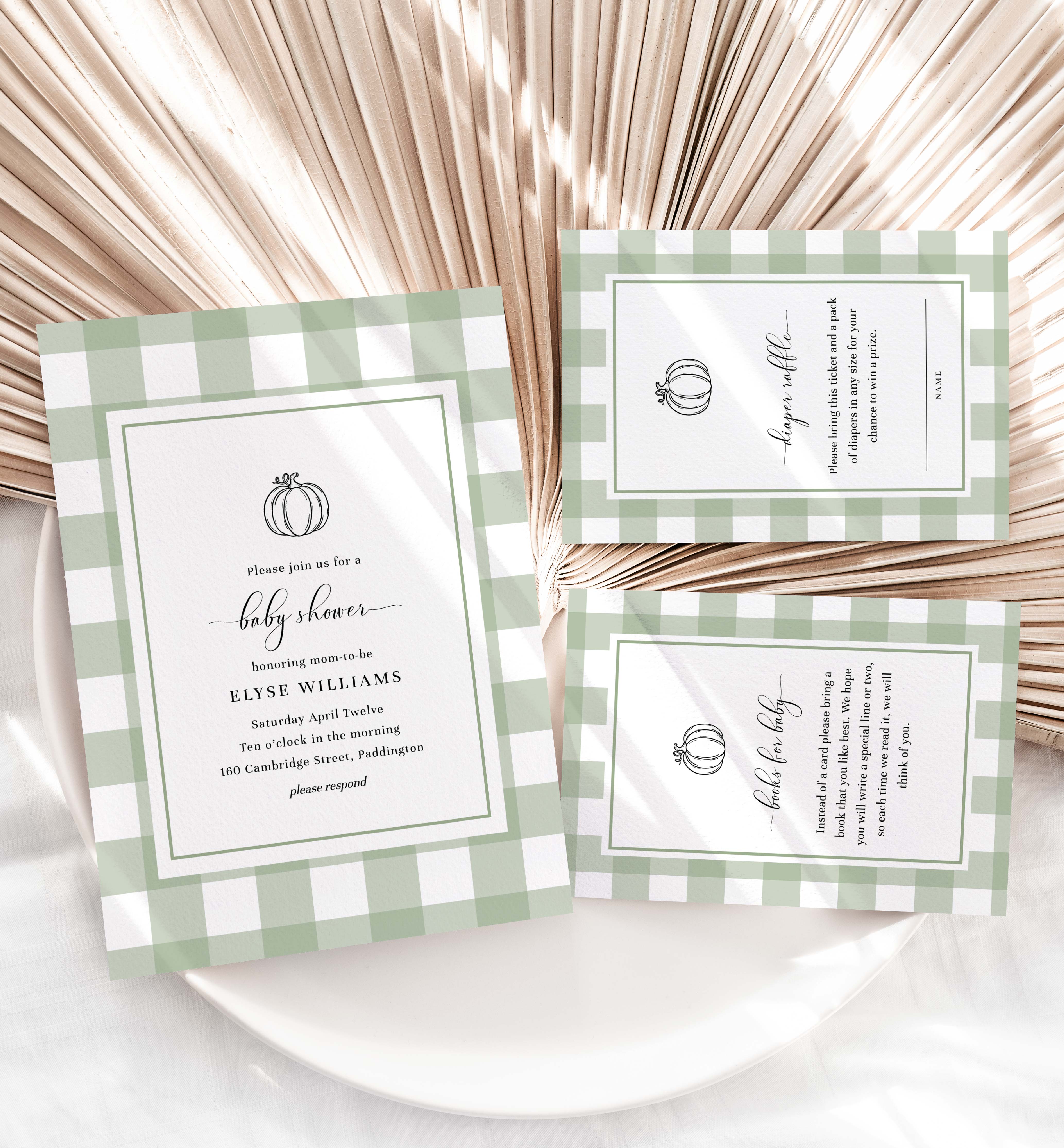 GIN-SGR-1-B2831 - GINGHAM - SAGE GREEN PUMPKIN - BABY SHOWER INVITATION SUITE design preview