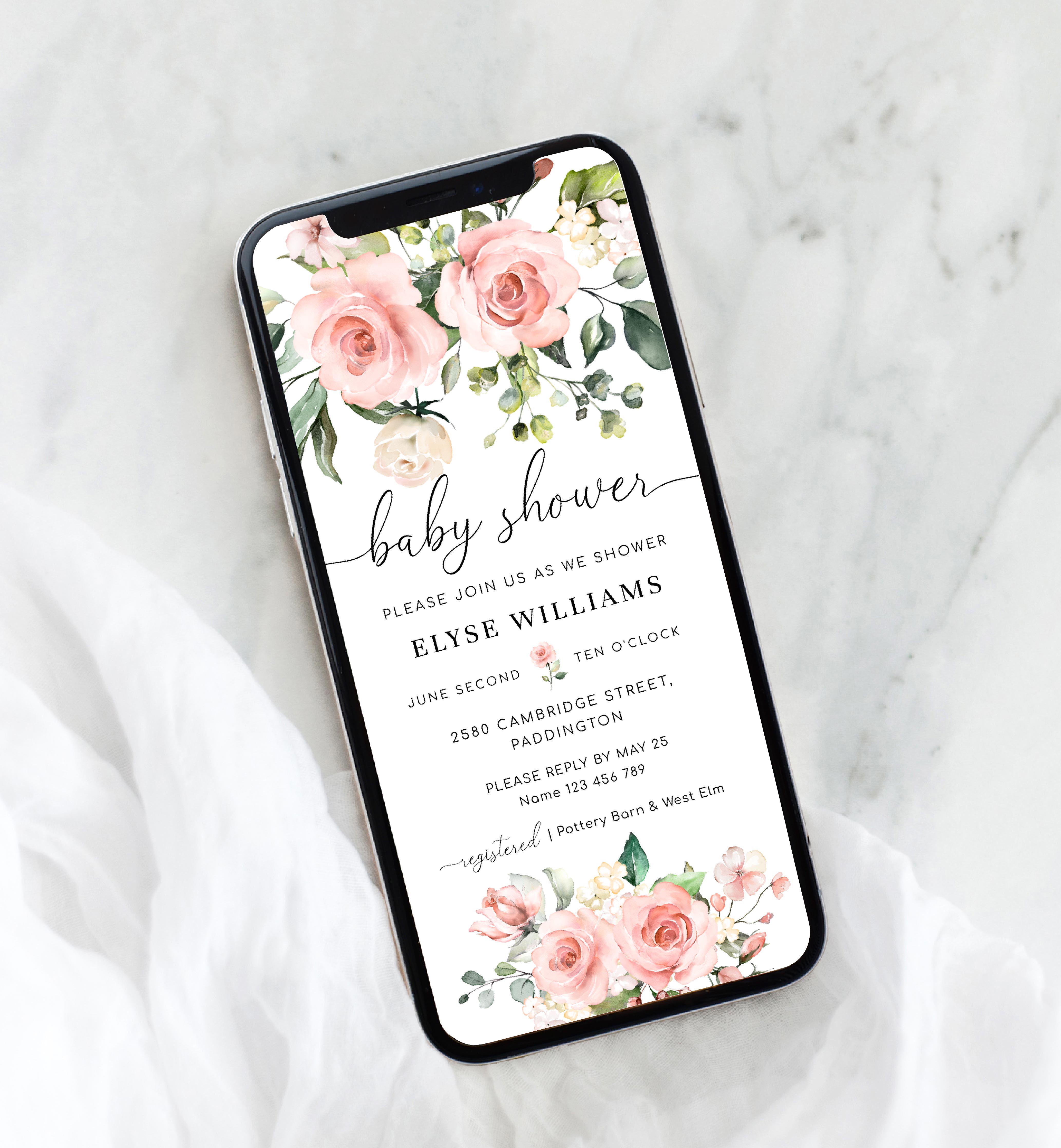 DAR-PNK-16-B2126 - DARCY FLORAL P - PINK - SMARTPHONE BABY SHOWER INVITATION design preview