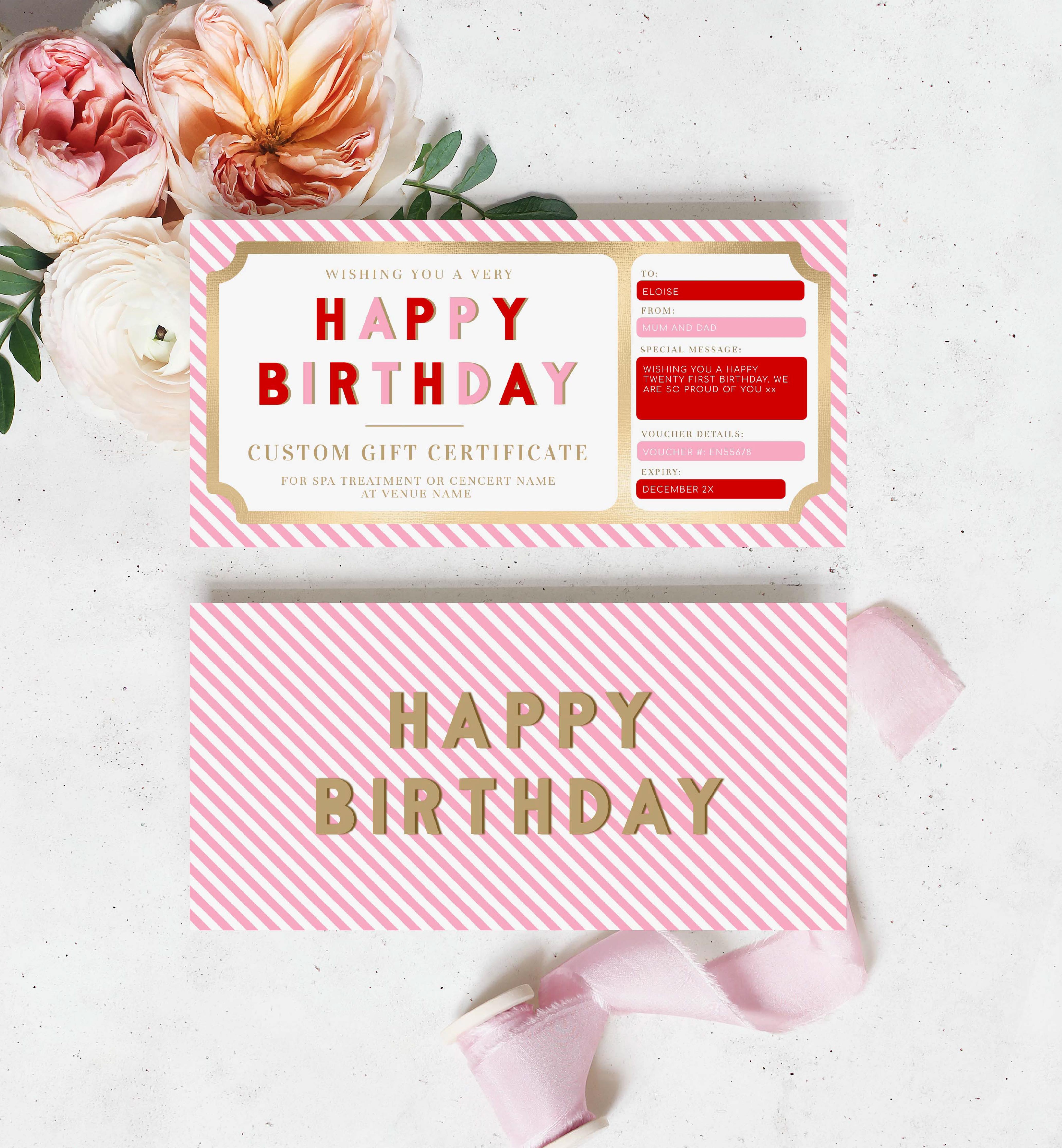 STR-RPK-14-B1813 - STRIPE - RED PINK - HAPPY BIRTHDAY GIFT CERTIFICATE design preview
