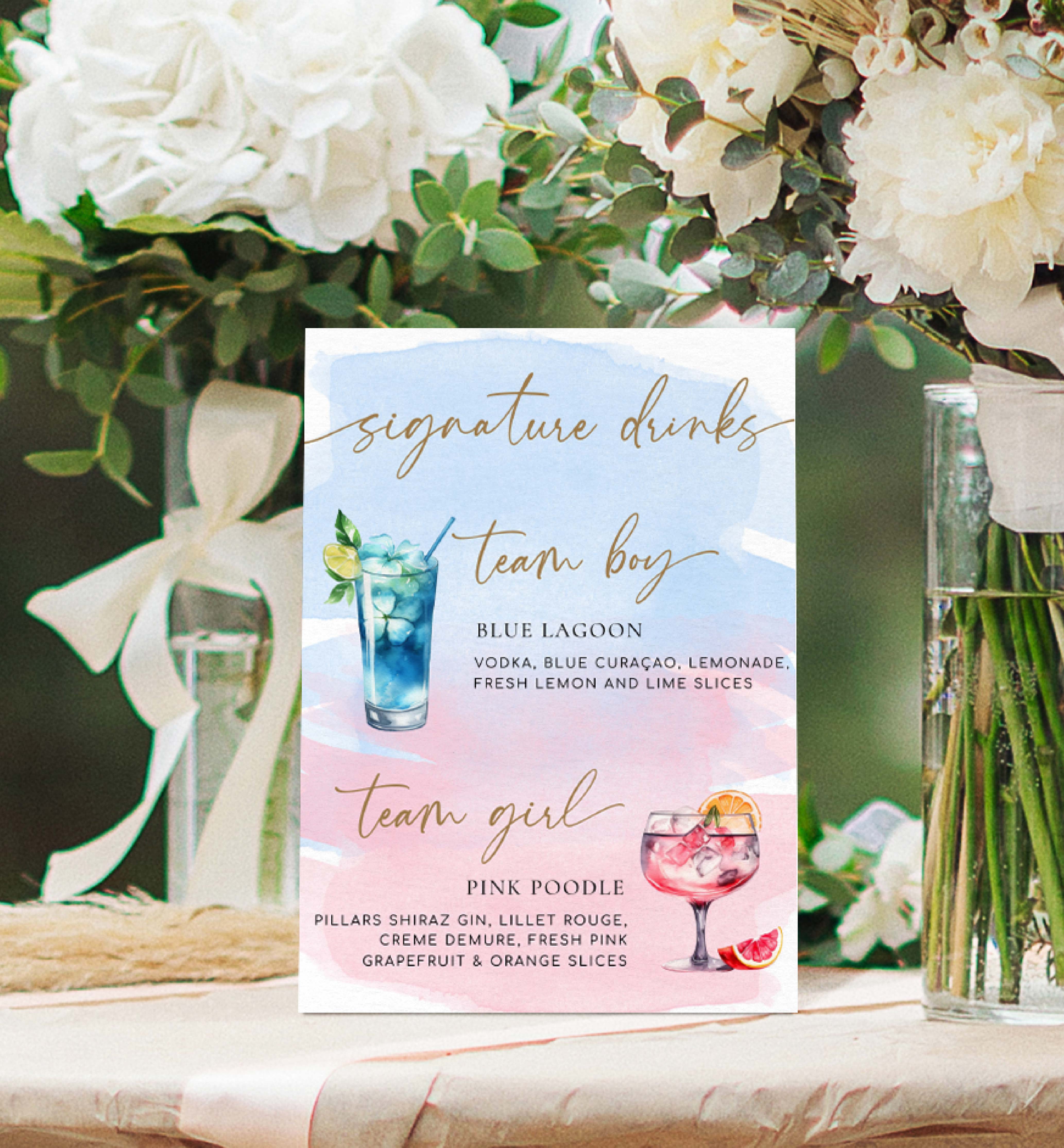 WAT-PNB-7-B2962 - WATERCOLOUR PINK BLUE - GOLD - SIGNATURE DRINKS SIGN design preview
