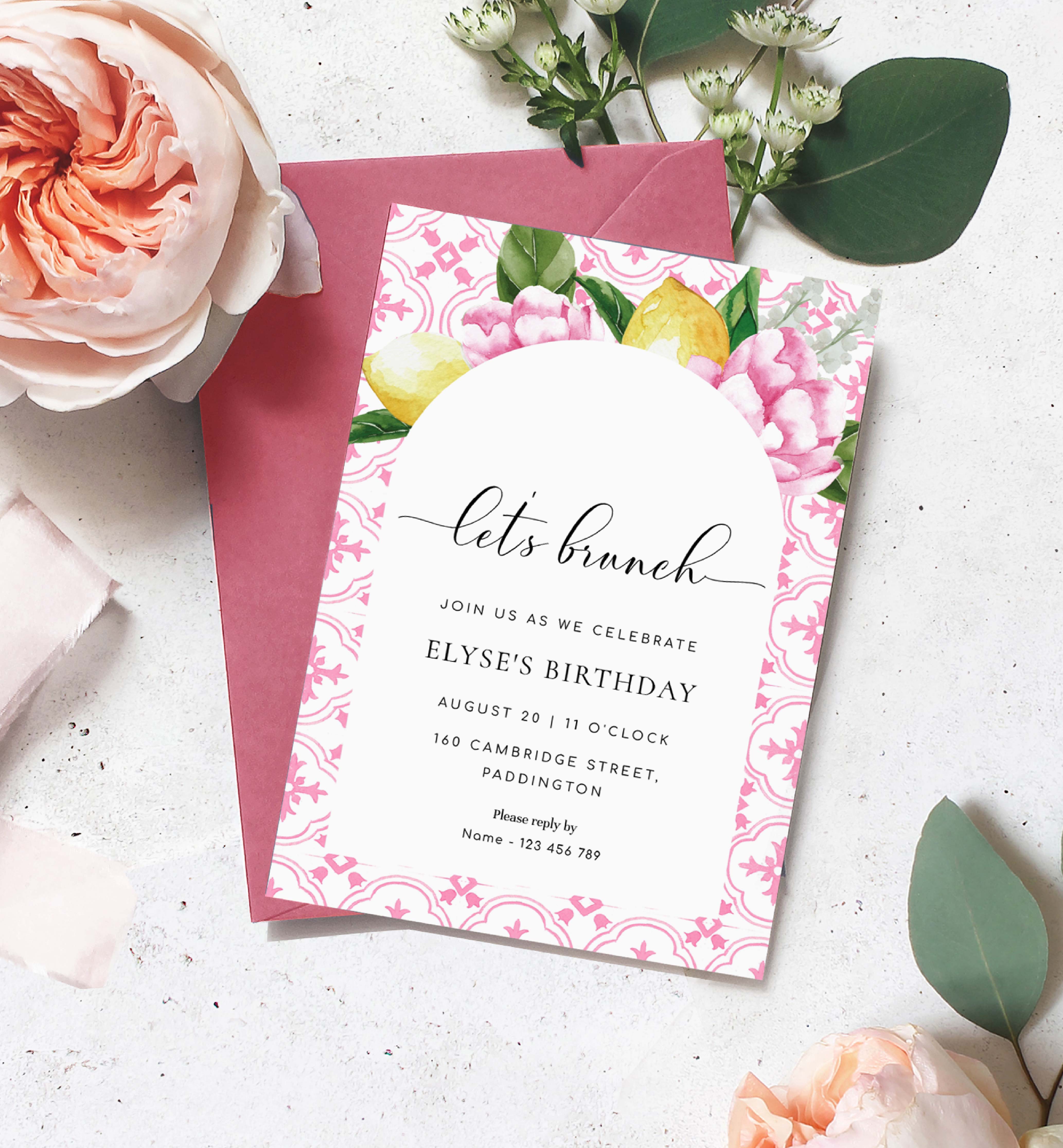MED-PNK-1-B2828 - THE MED - PINK LEMONS - BRUNCH INVITATION - ARCH design preview