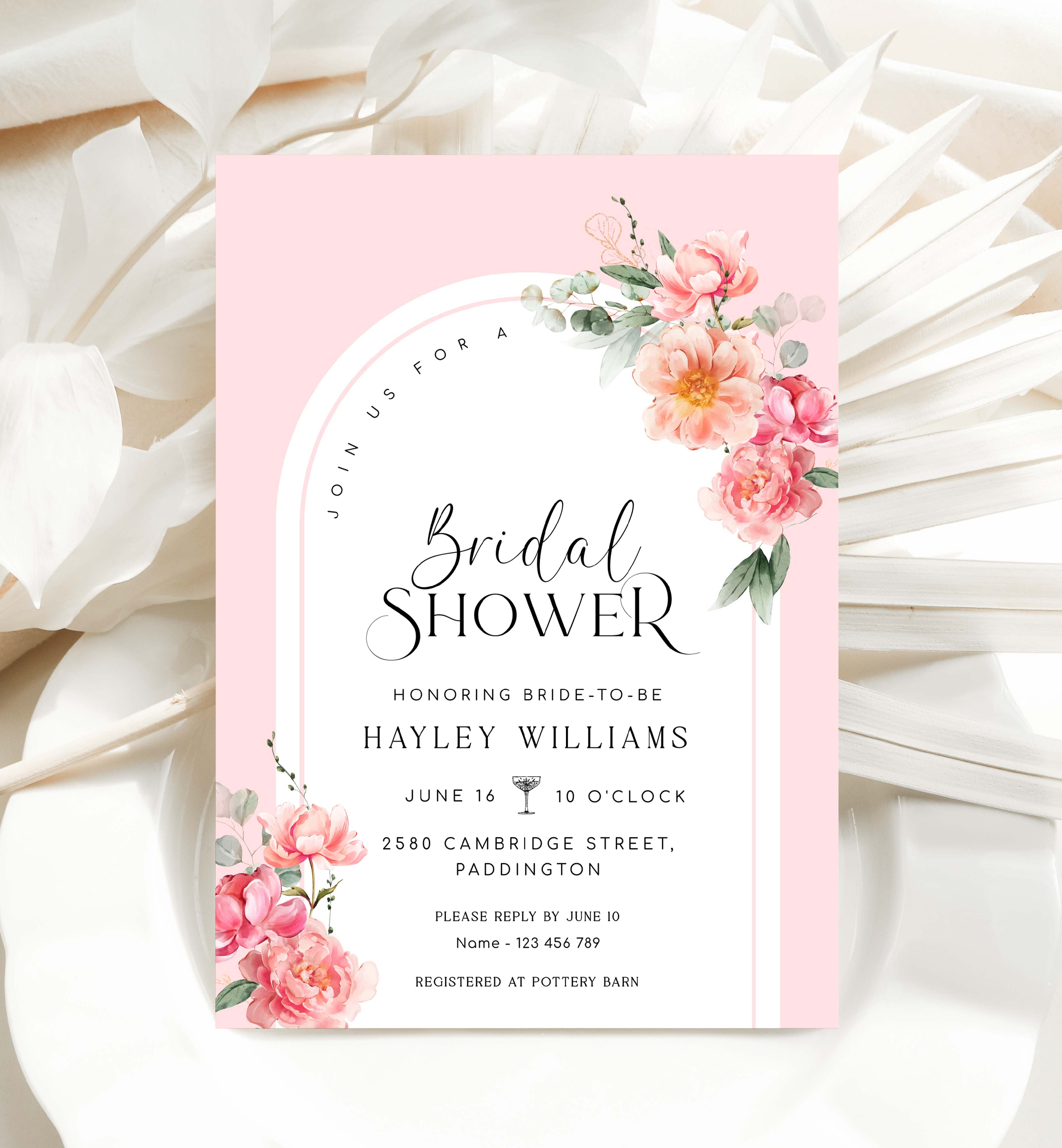 PIP-PNK-1-B3144 - PIPER - PINK - BRIDAL SHOWER ARCH INVITATION design preview