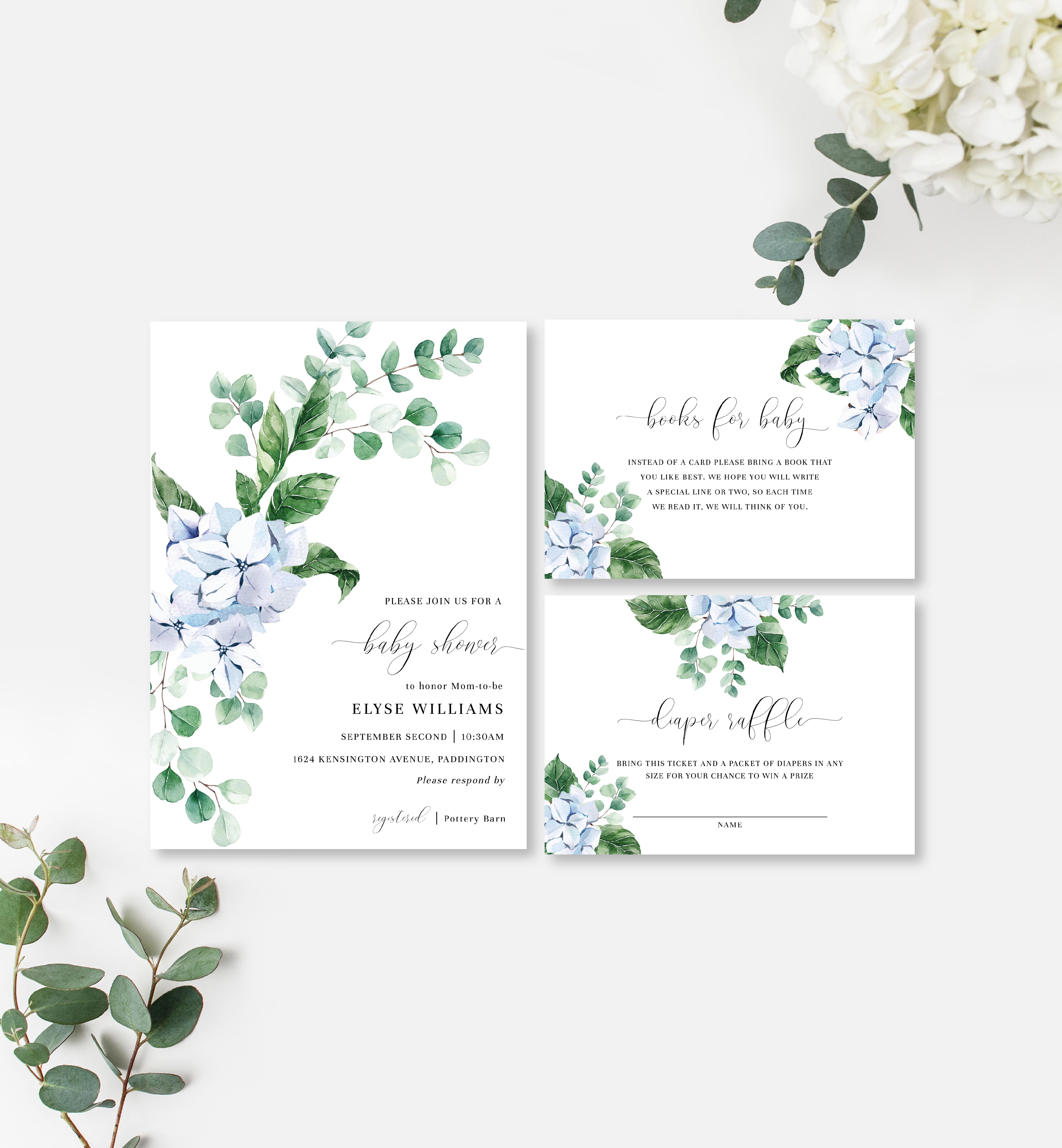FER-BLU-1-B998 - FERRAS BLOSSOM - BLUE - BABY SHOWER INVITATION SUITE design preview