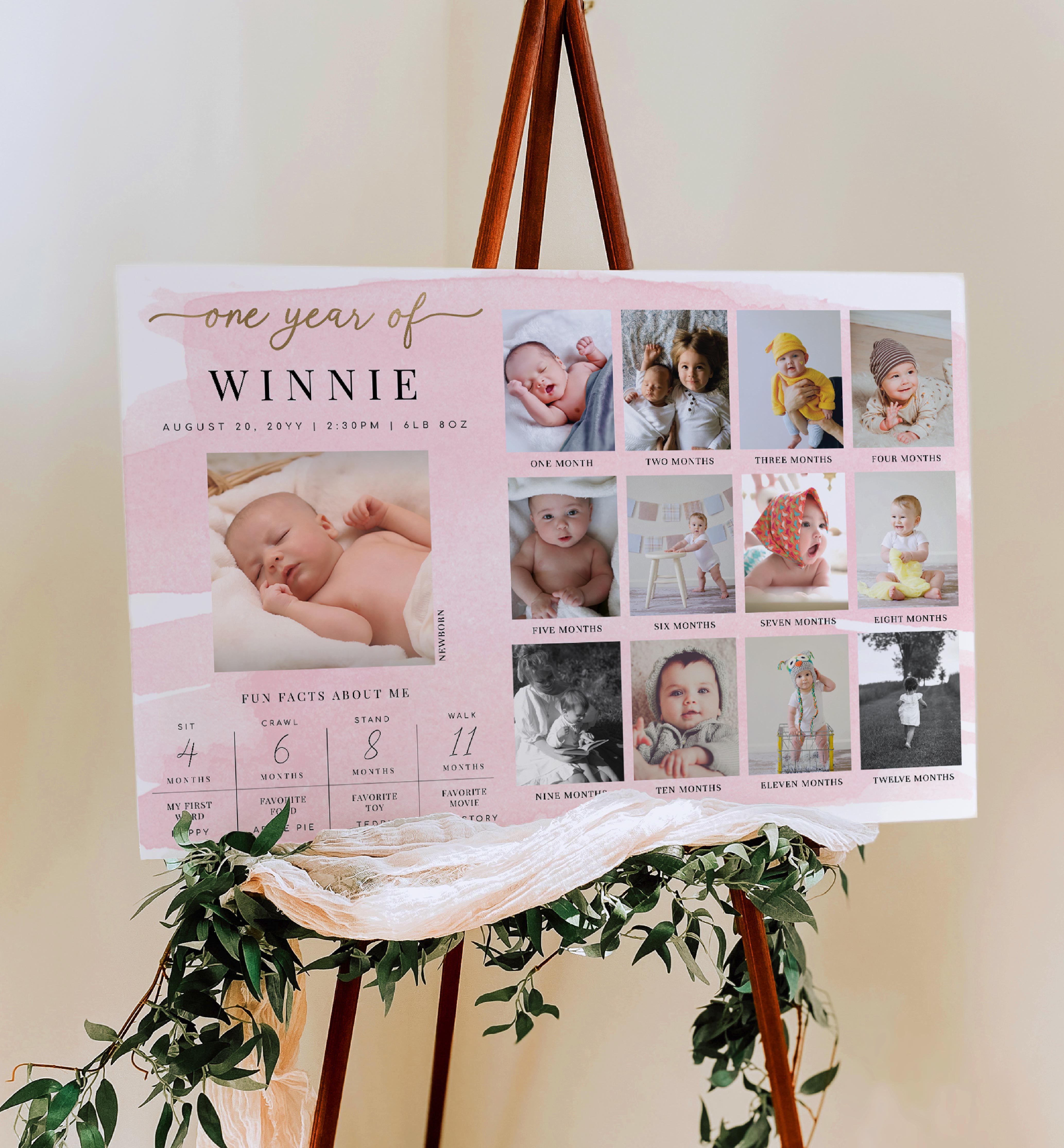 WAT-PNK-7-B2576 - WATERCOLOUR PINK - GOLD - PHOTO TIMELINE AND MILESTONE SIGN design preview