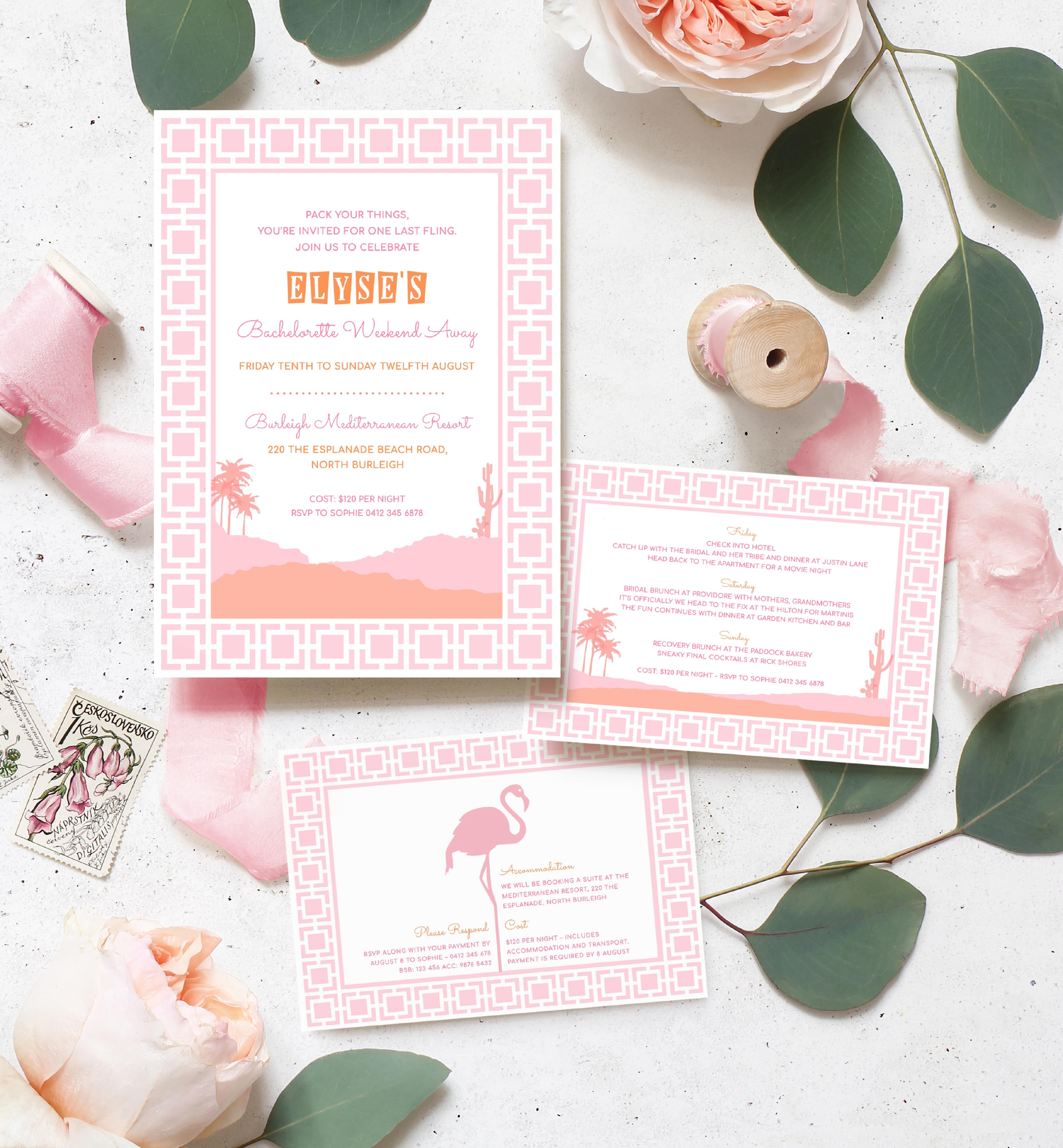 MEE-PNK-1-B805 - MEET ME IN THE DESERT - BACHELORETTE WEEKEND INVITATION SUITE design preview