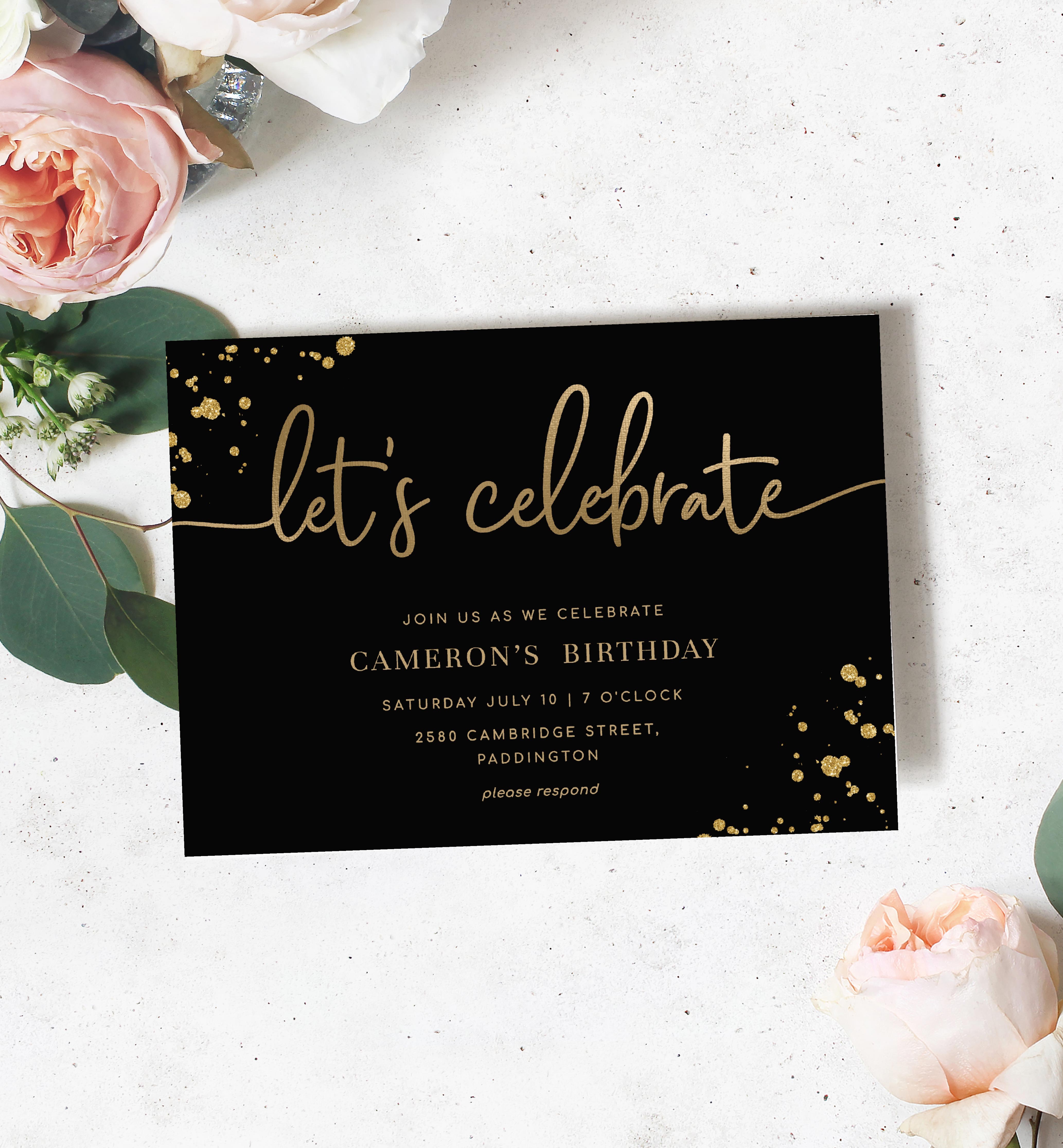PAN-BLG-1-B1996 - PAINTLY - BLACK GOLD - LET'S CELEBRATE INVITATION design preview