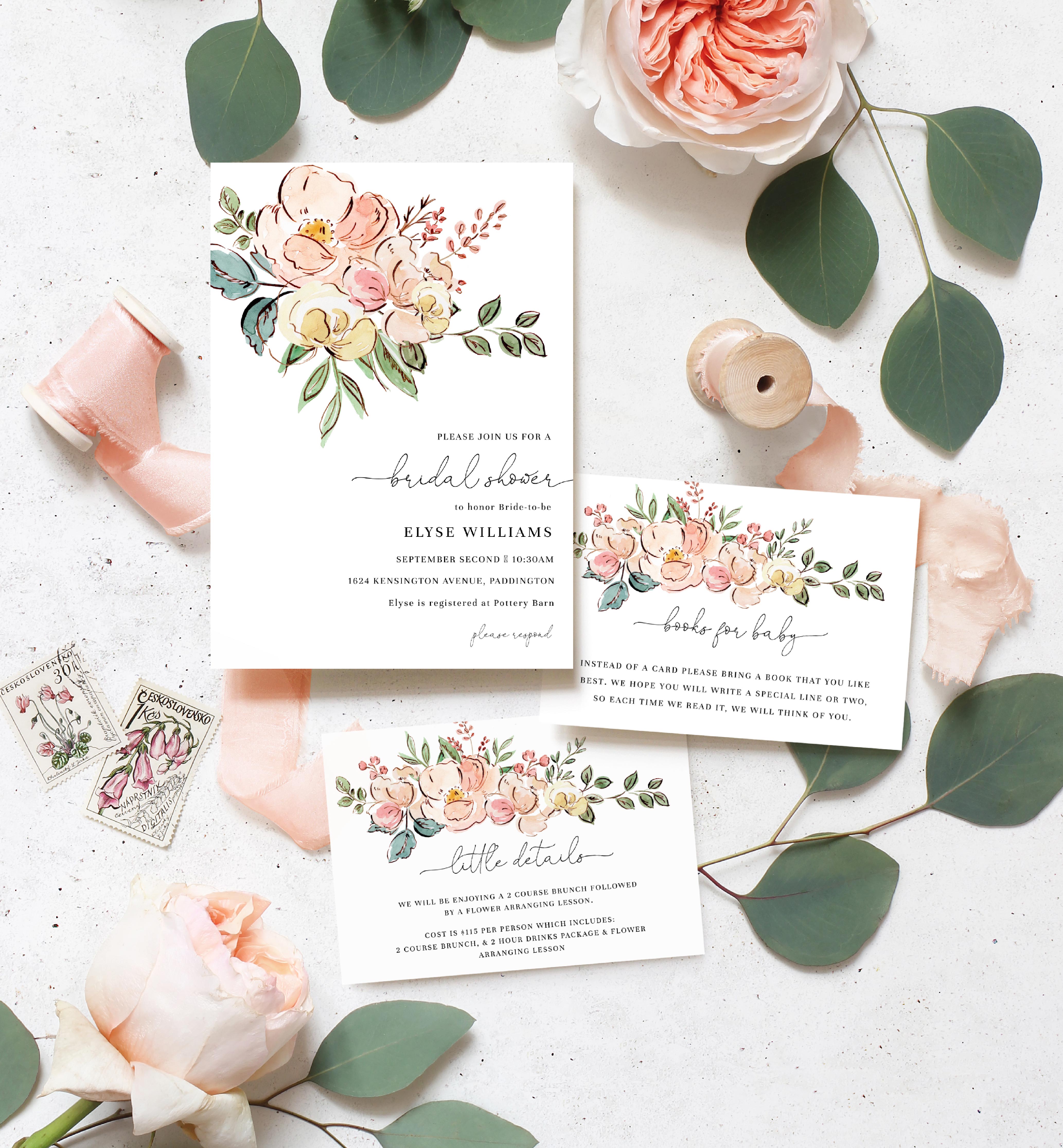 CAM-MLT-1-B723 - CAMBRIDGE FLORAL - MULTI - BABY SHOWER INVITATION SUITE design preview