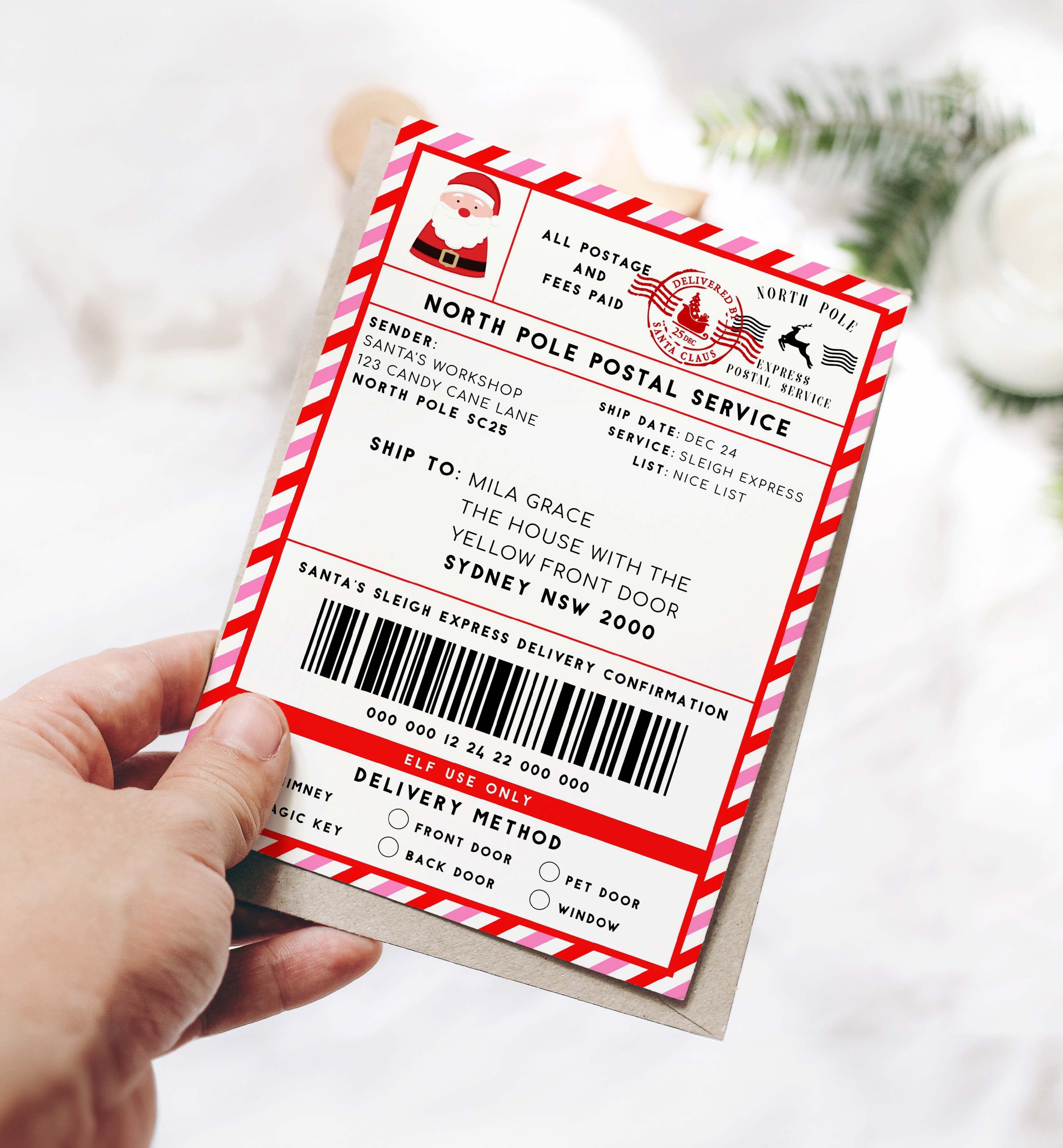 SAW-RPK-6-B2329 - SANTAS WORKSHOP - RED PINK - SHIPPING LABEL design preview