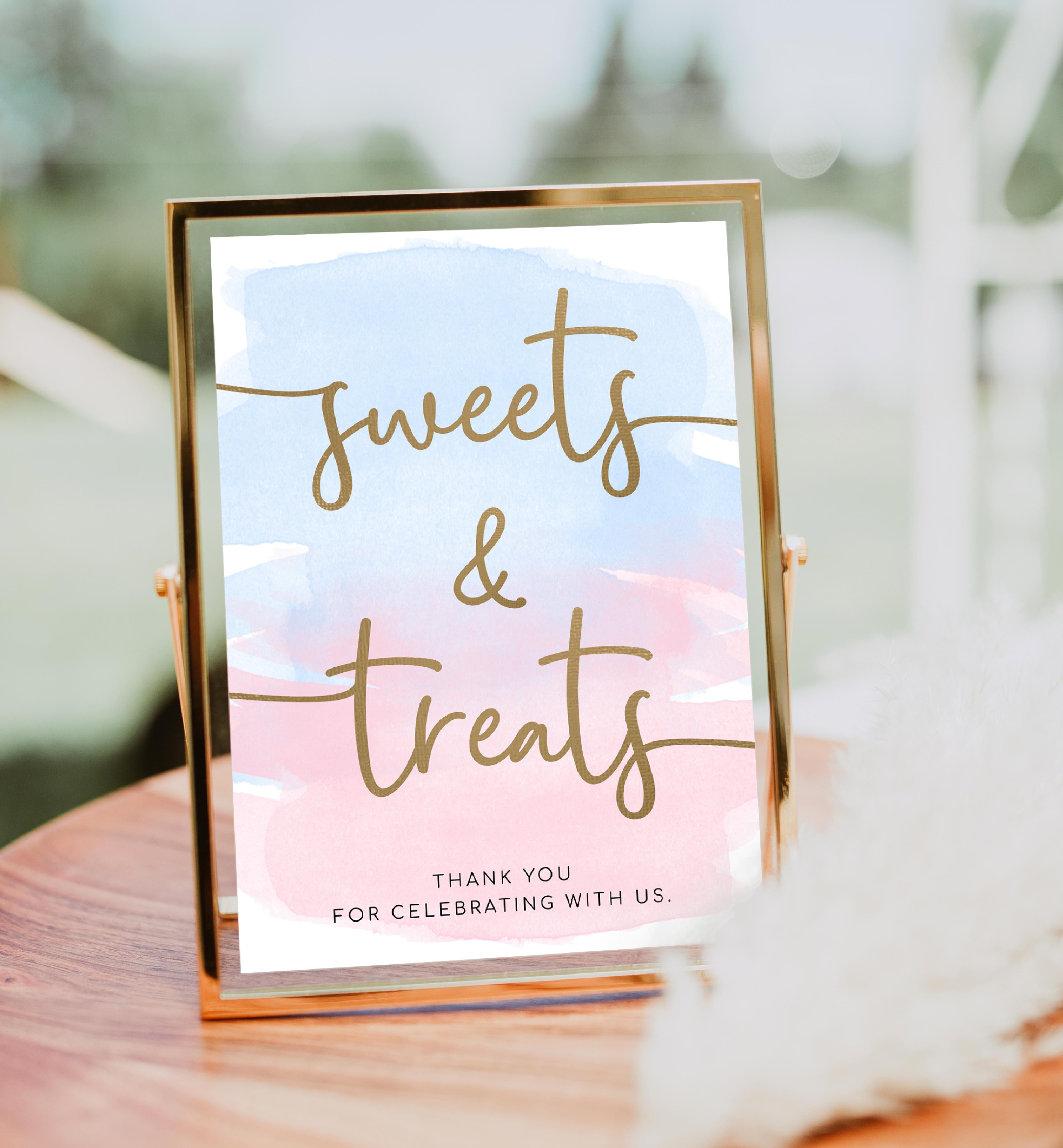 WAT-PNB-7-B1928 - WATERCOLOUR PINK BLUE - GOLD - SWEETS AND TREATS SIGN design preview