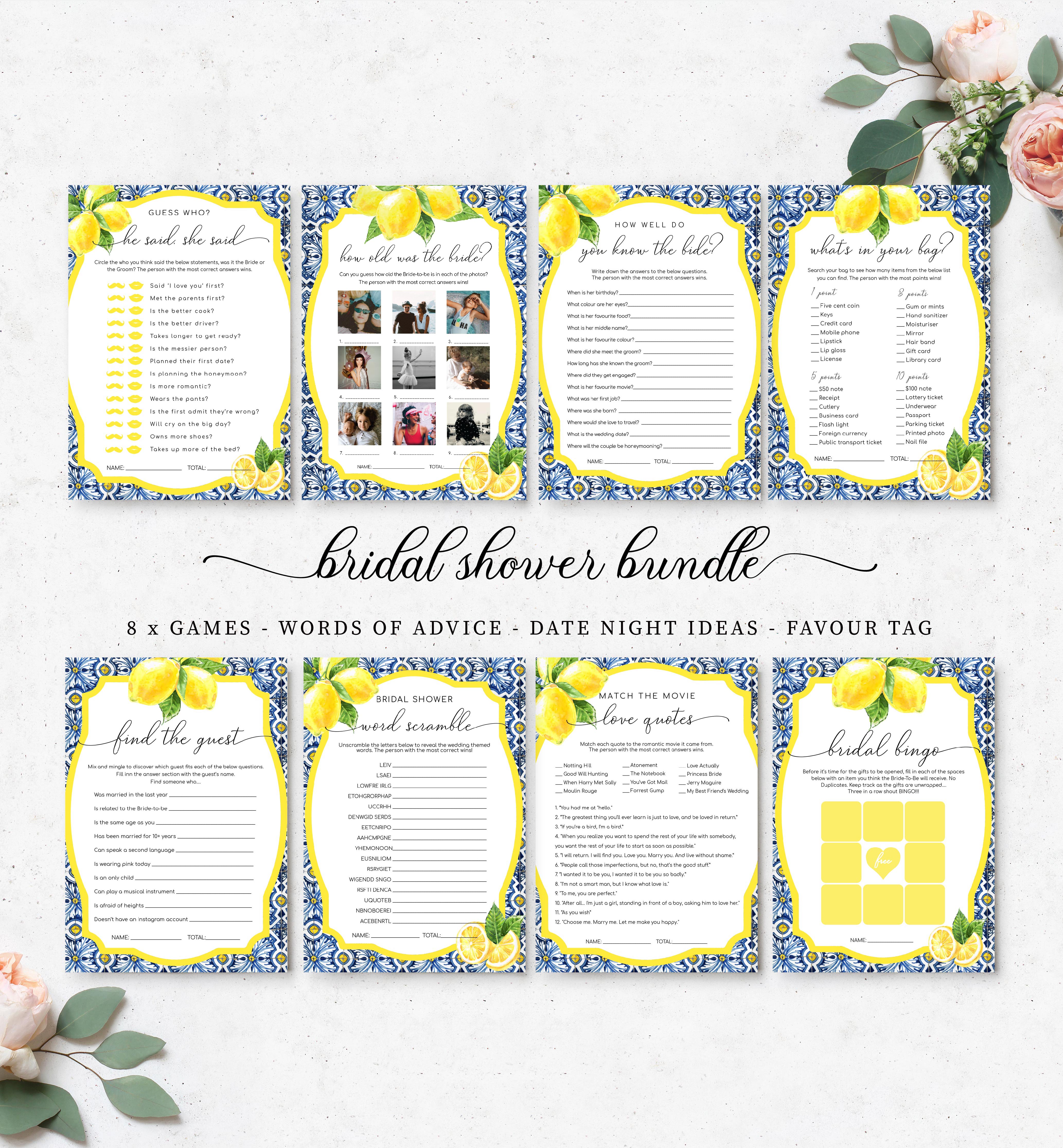 POS-BLY-10-B542 - POSITANO BLUE TILE - LEMONS - BRIDAL SHOWER GAMES BUNDLE design preview