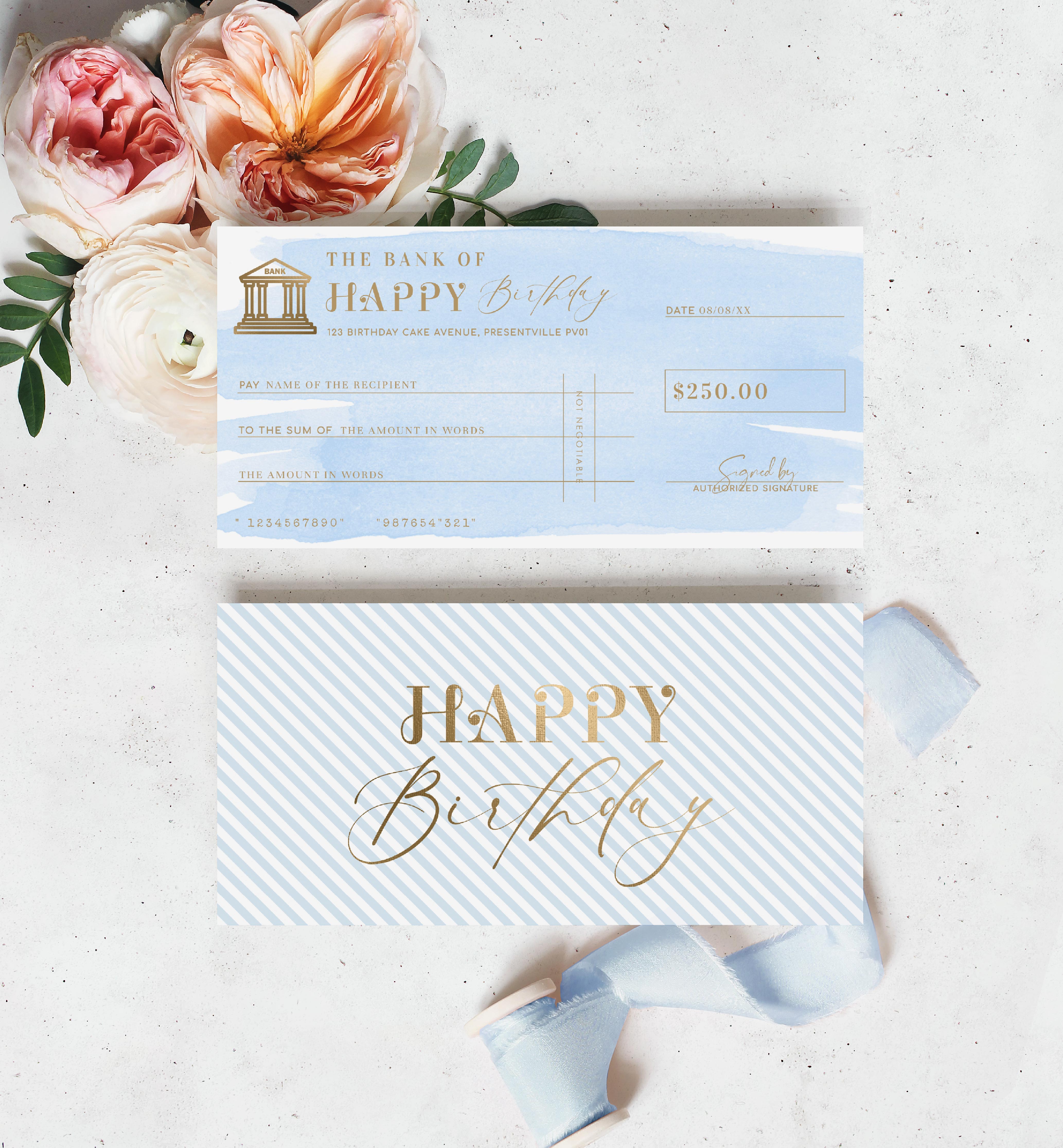 WAT-BLU-14-B2461 - WATERCOLOUR BLUE - GOLD - BIRTHDAY CHEQUE CERTIFICATE design preview