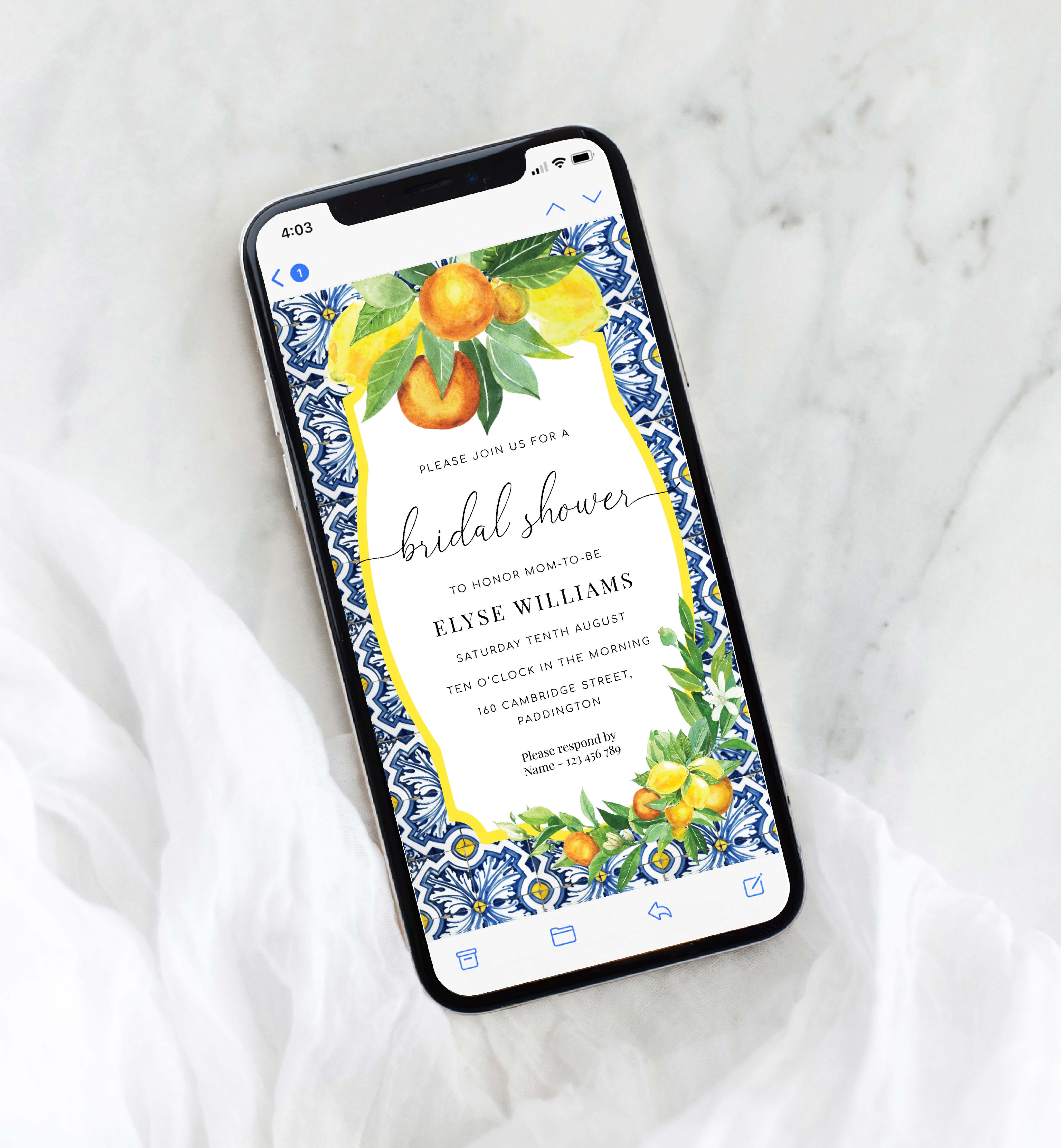 POS-BOL-16-B2492 - POSITANO BLUE TILE - LEMONS ORANGE - SMARTPHONE BRIDAL SHOWER INVITATION design preview