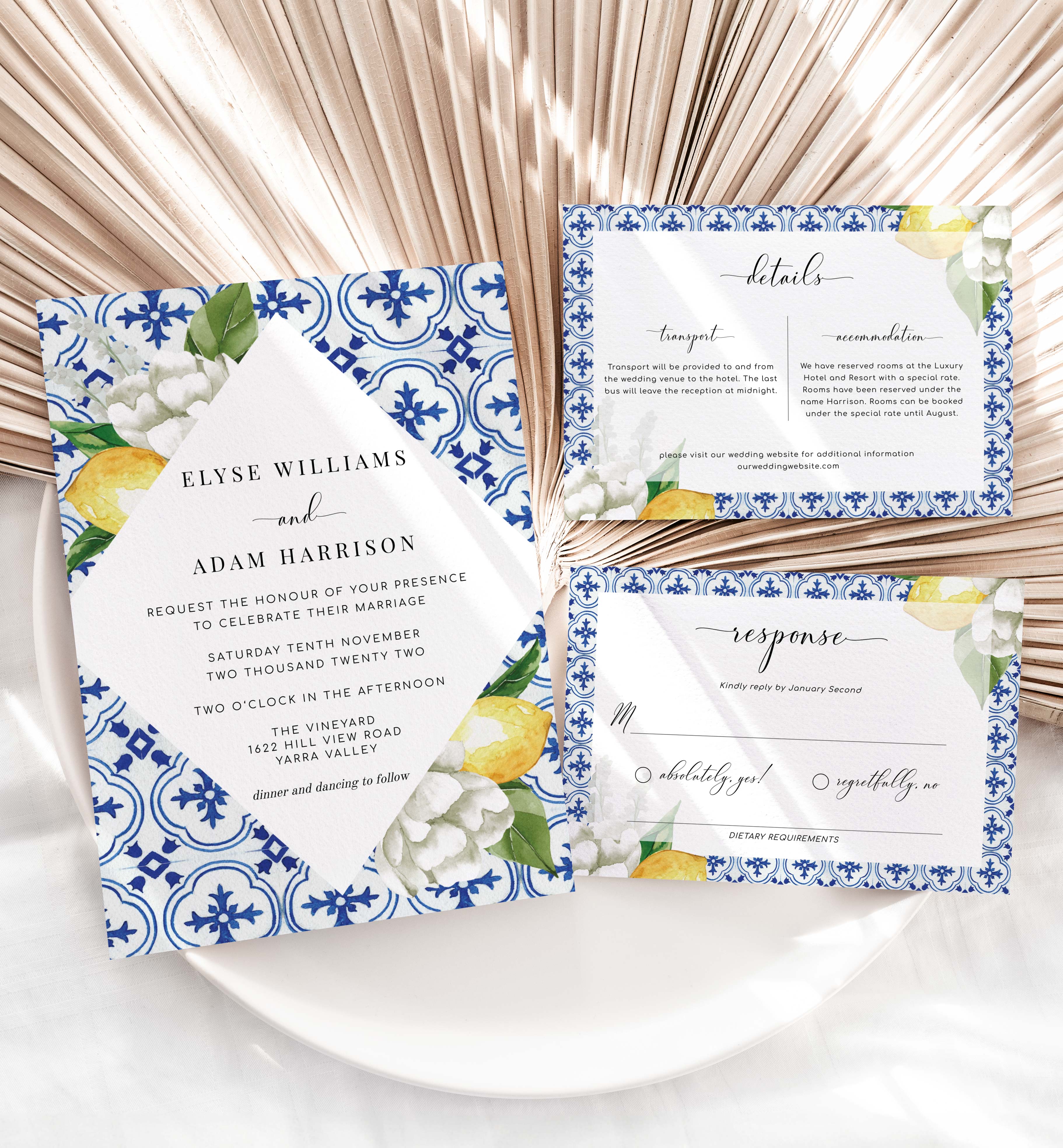 MED-BLU-1-B960 - THE MED - LEMONS - WEDDING INVITATION SUITE design preview