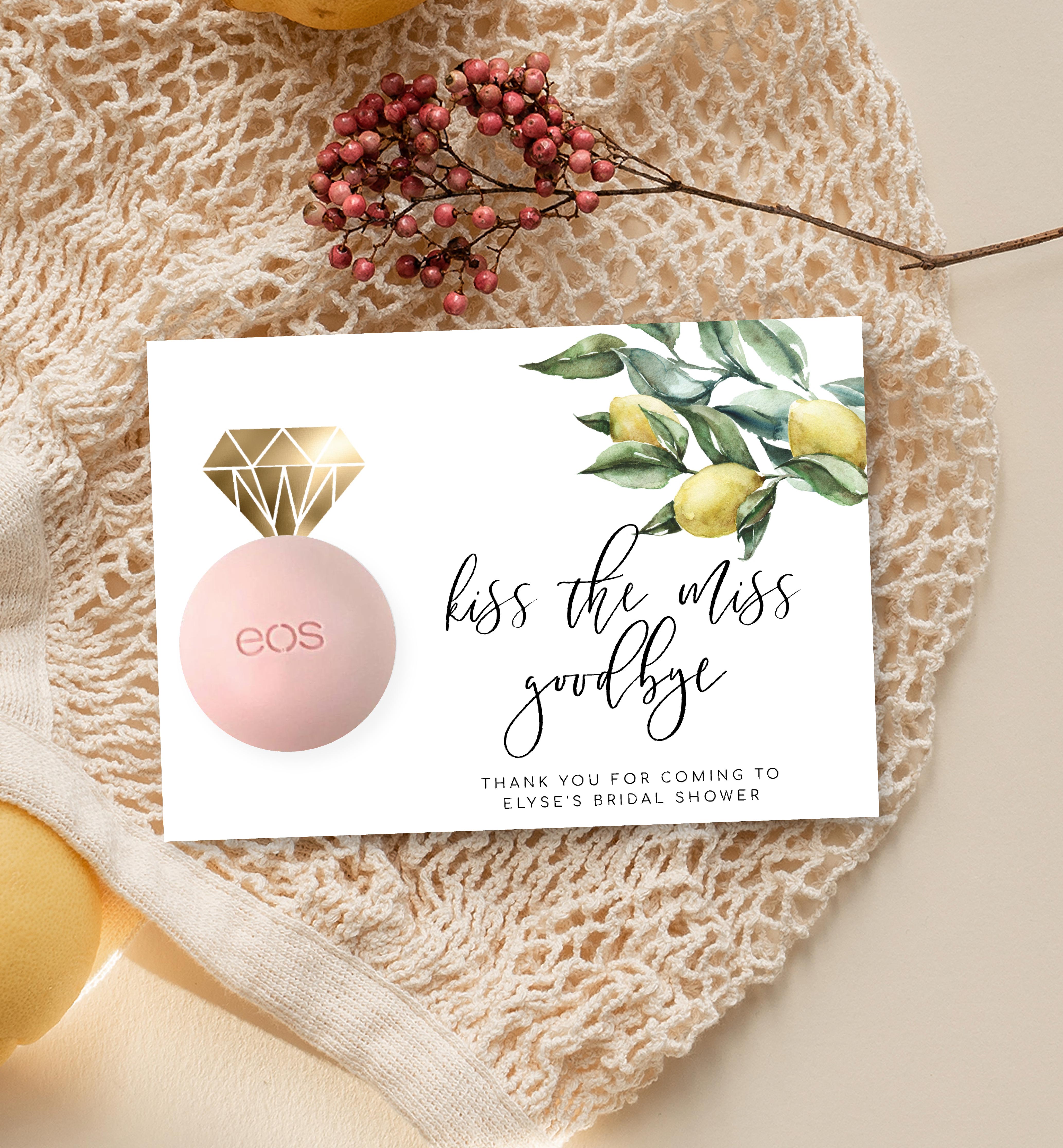 TUL-WHT-6-B1950 - TUSCAN LEMONS - WHITE - KISS THE MISS LIP BALM FAVOUR CARD design preview