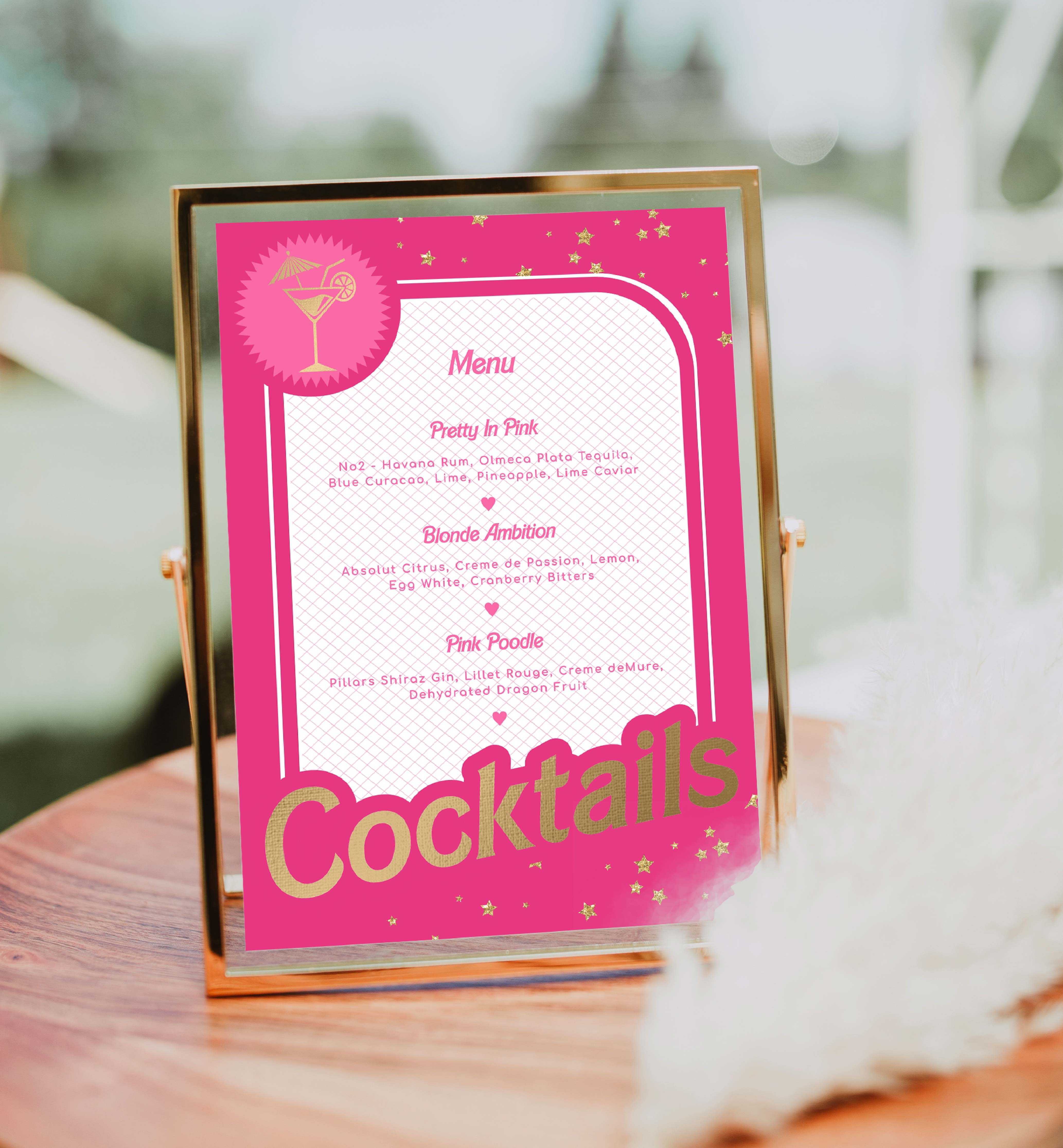 BAR-HPK-7-B2323 - BARBIE PARTY - HOT GOLD - COCKTAIL MENU SIGN design preview