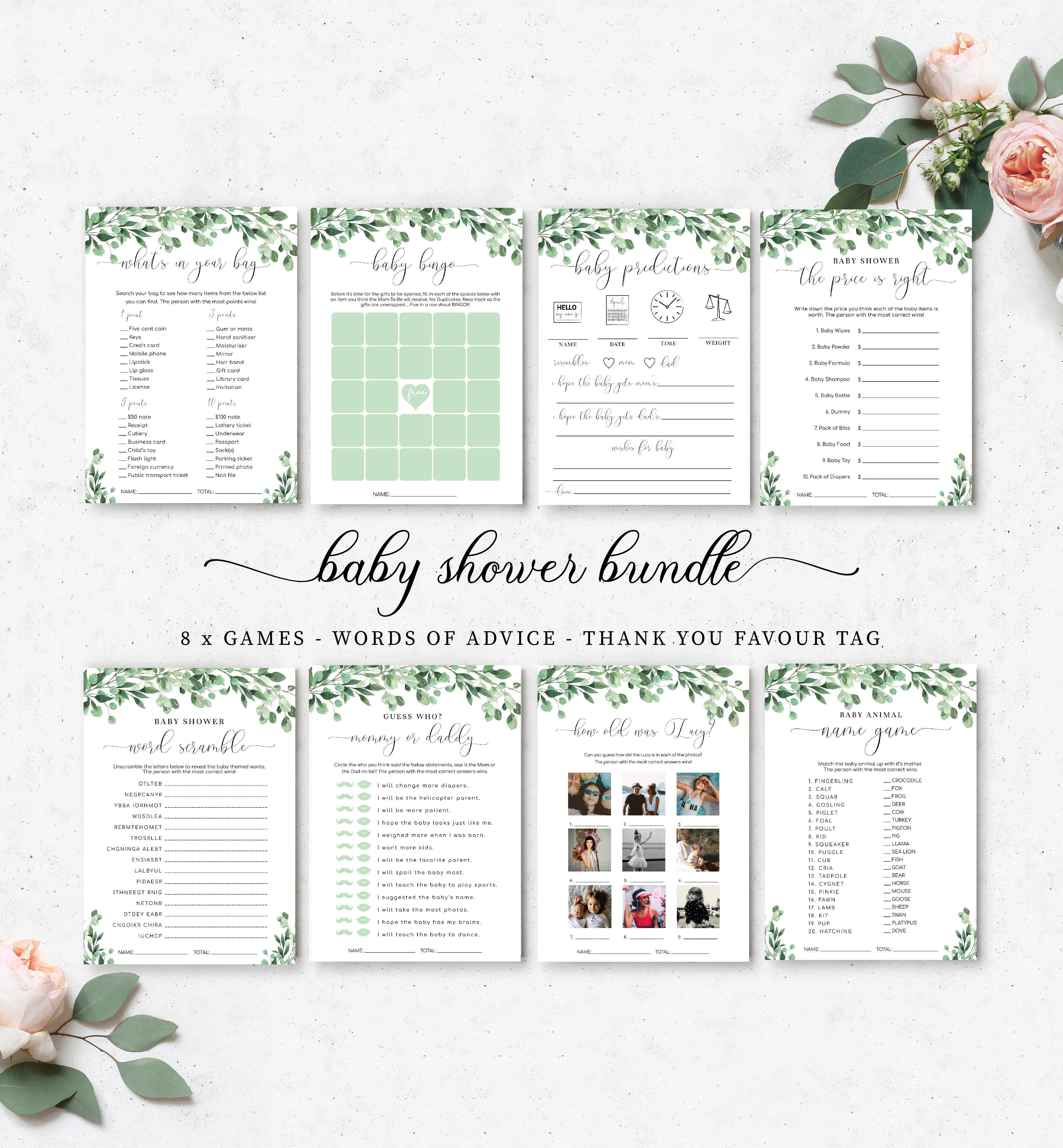 EVE-GRE-10-B1438 - EVERLY - GREEN - BABY SHOWER GAMES BUNDLE design preview