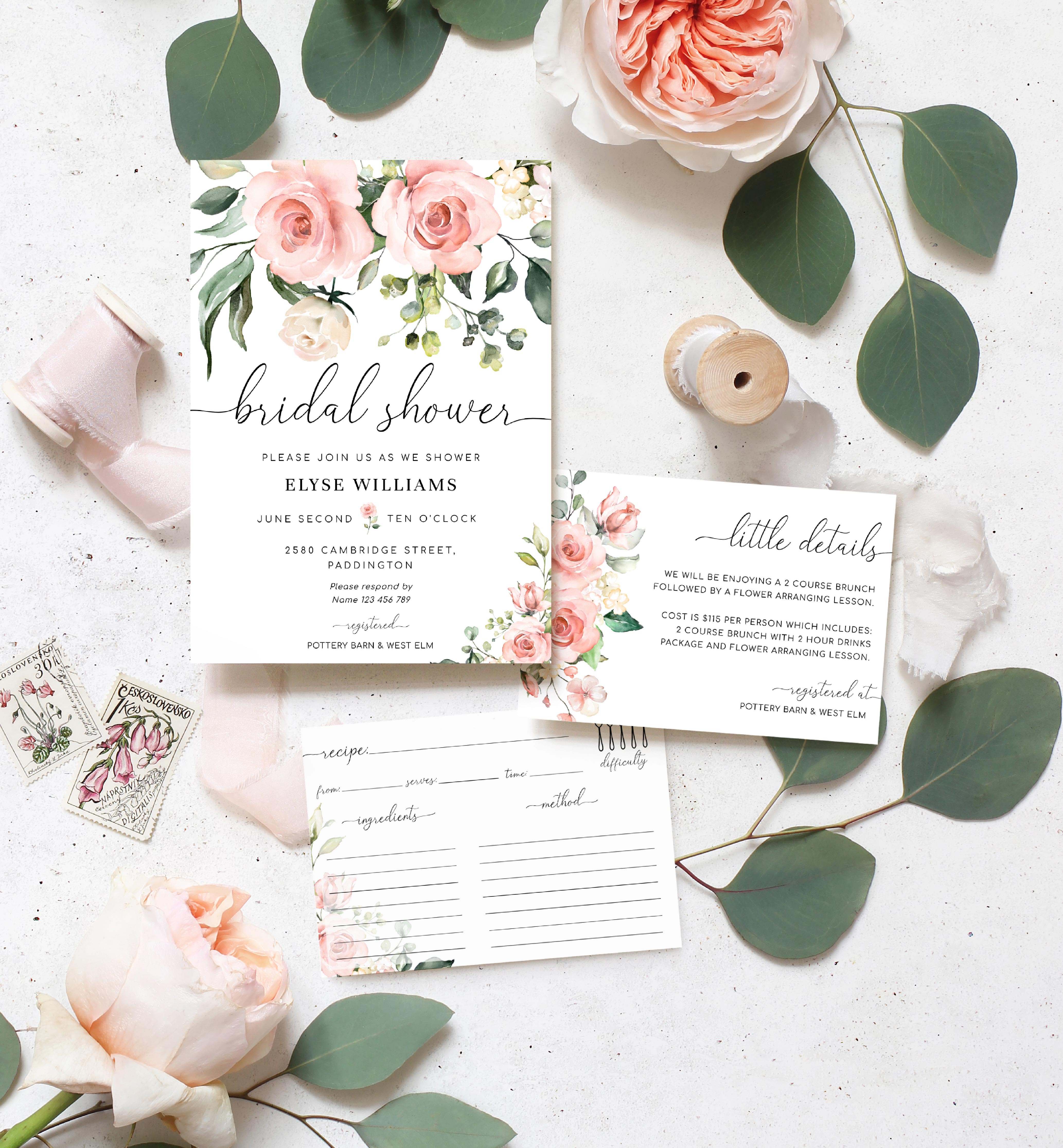 DAR-PNK-1-B102 - DARCY FLORAL PINK -  BRIDAL SHOWER INVITATION SUITE design preview
