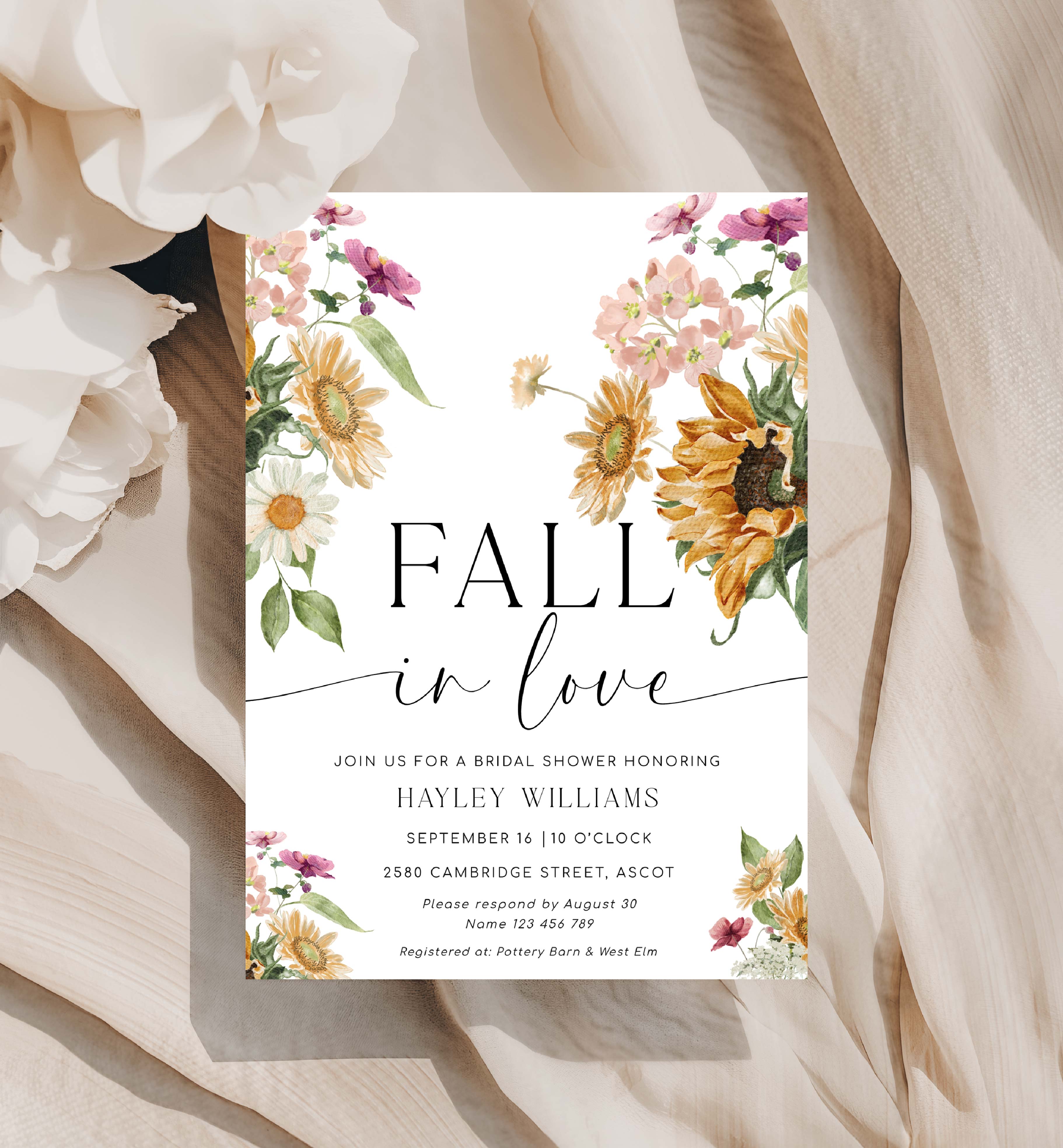MEW-WHT-1-B3335 - MEWS FLORAL - WHITE - FALL BRIDAL SHOWER INVITATION design preview