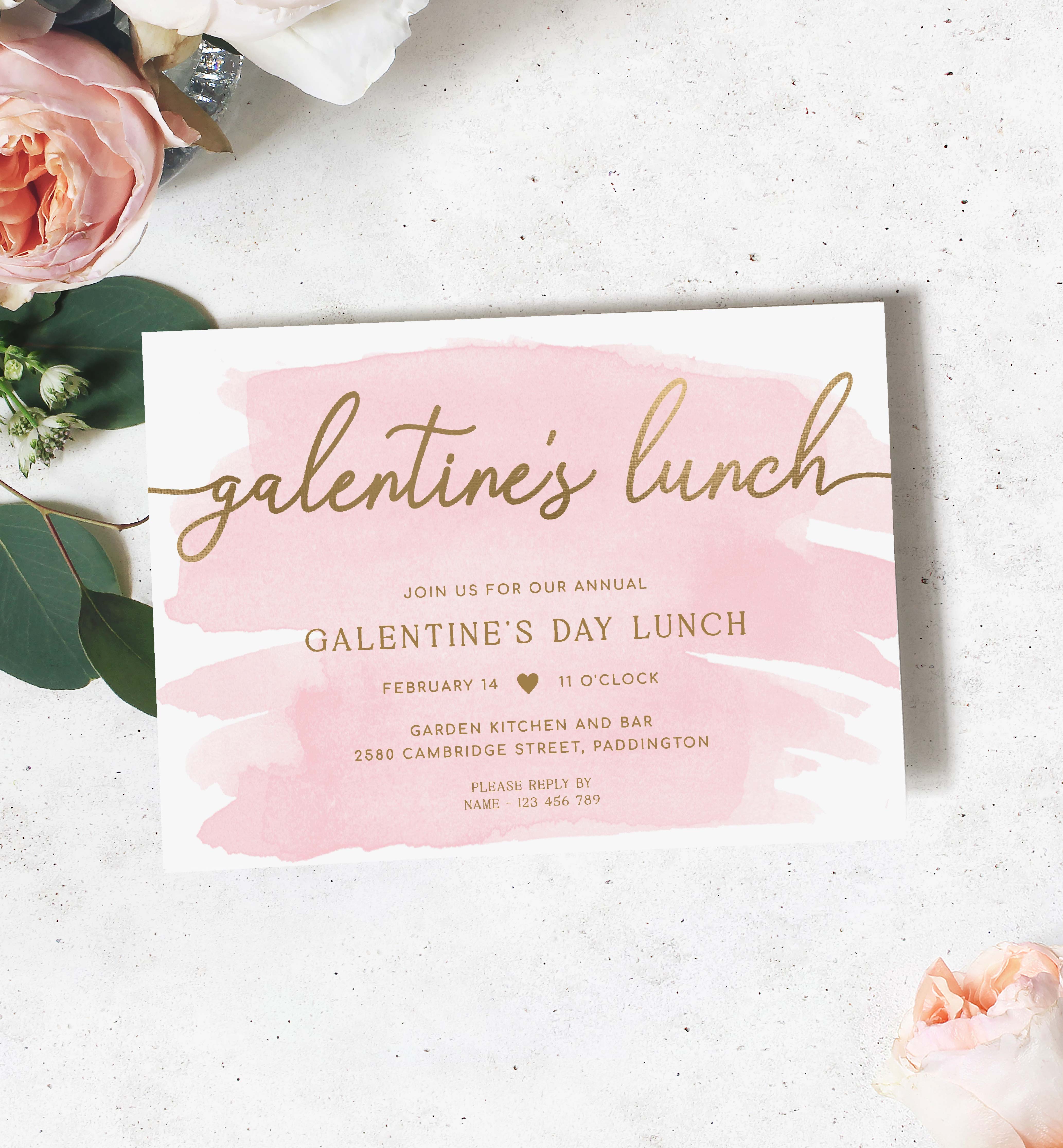 WAT-PNK-1-B3046 - WATERCOLOUR PINK - GOLD - GALENTINES LUNCH INVITATION design preview