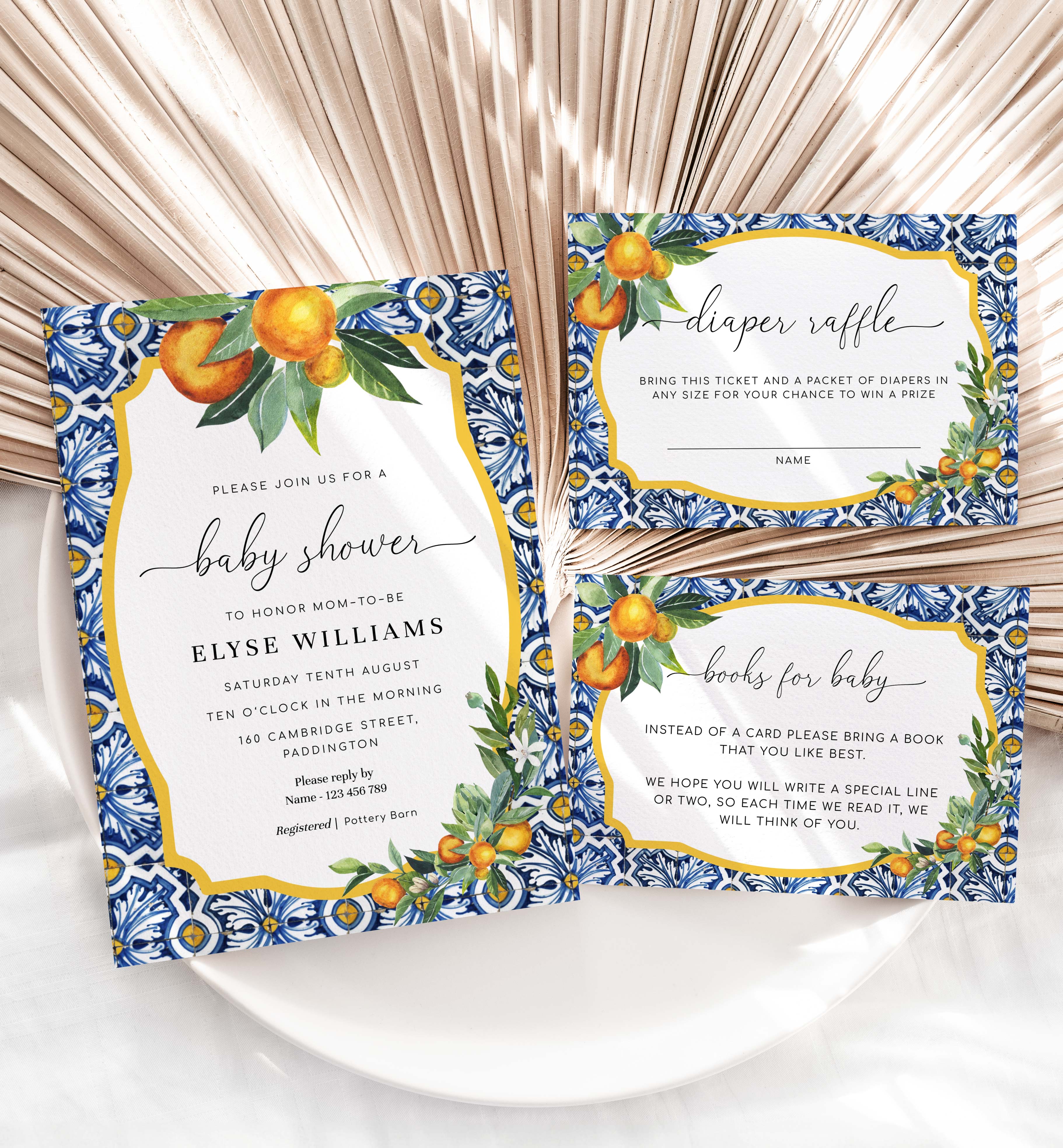 POS-BLO-1-B3288 - POSITANO BLUE TILE - ORANGES - BABY SHOWER INVITATION SUIT design preview