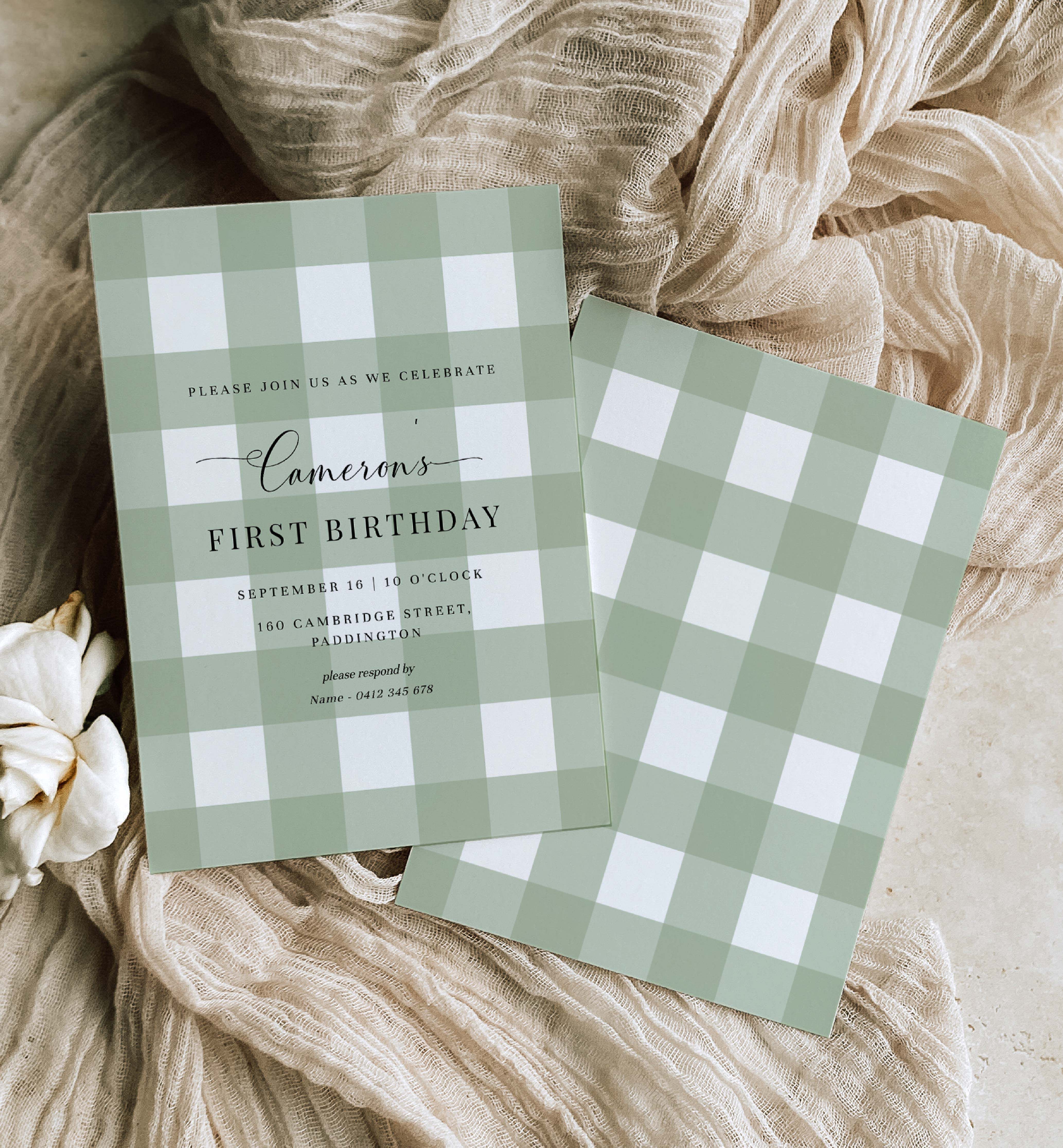 GIN-SGR-1-B1936 - GINGHAM - SAGE GREEN - BIRTHDAY INVITATION design preview