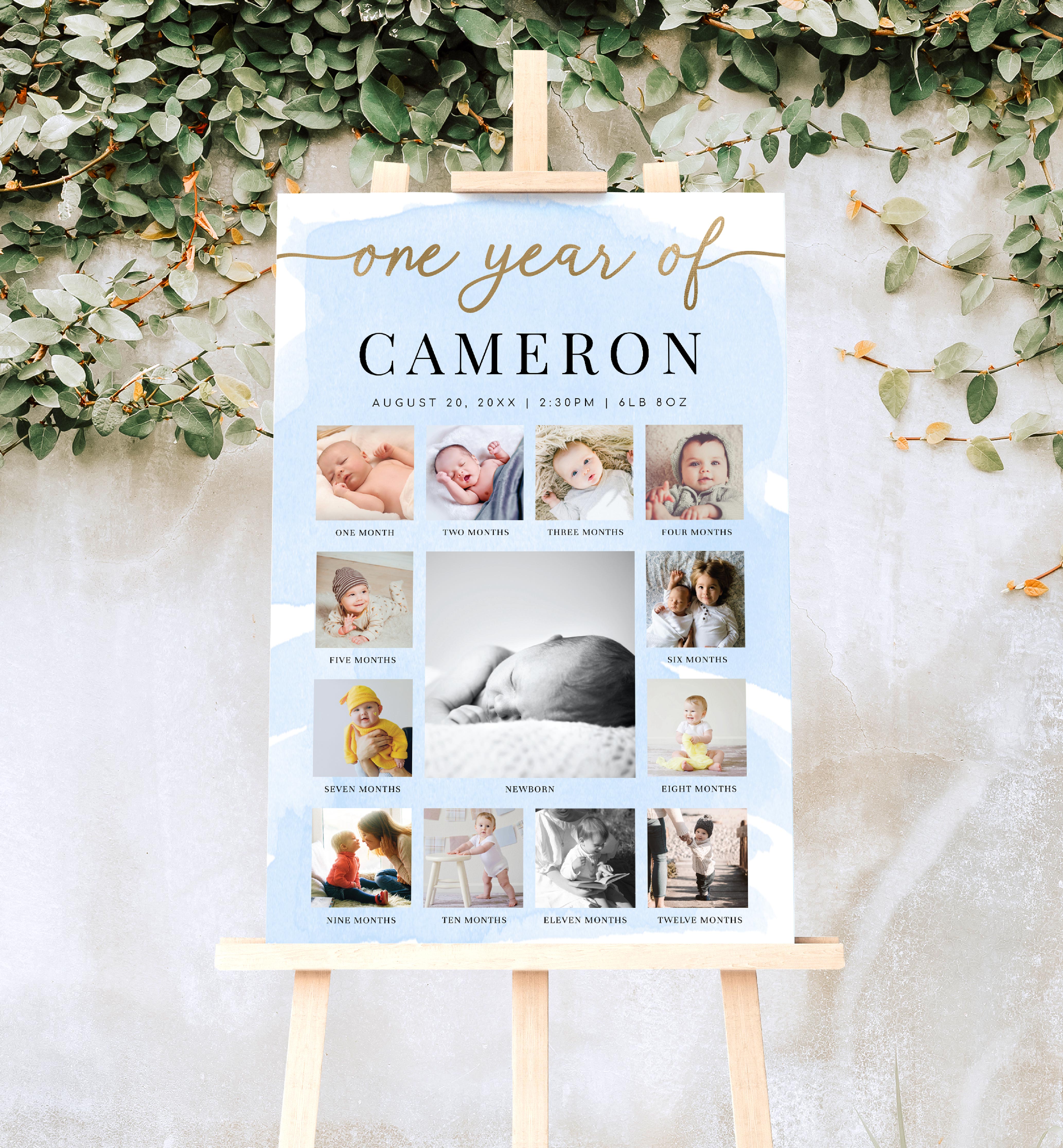 WAT-BLU-7-B2374 - WATERCOLOUR BLUE - GOLD - PHOTO TIMELINE SIGN design preview