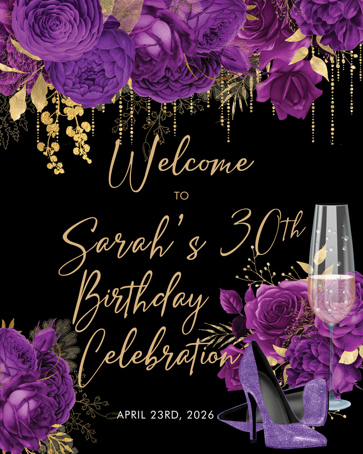 Purple Glitter Heels Birthday Welcome Sign design preview