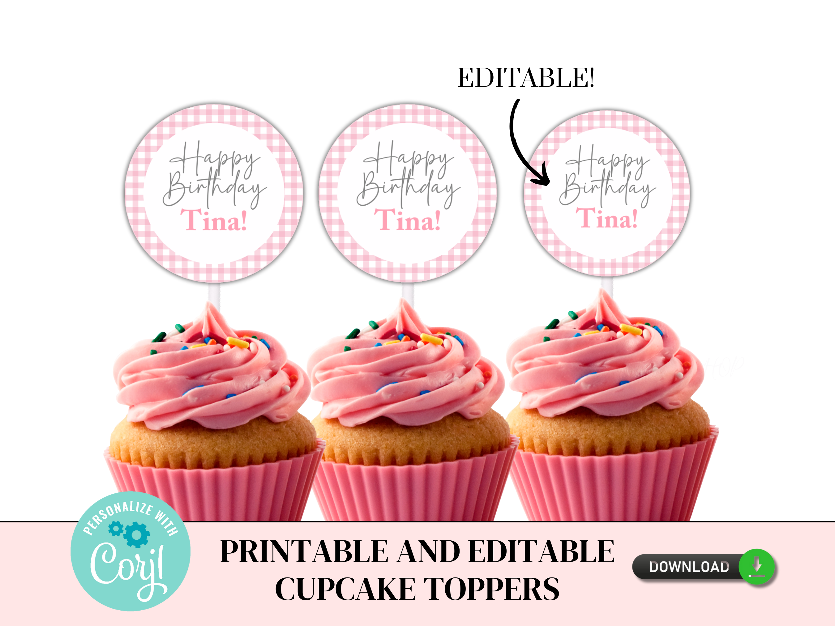 Pink Gingham Cupcake Toppers 150M design preview