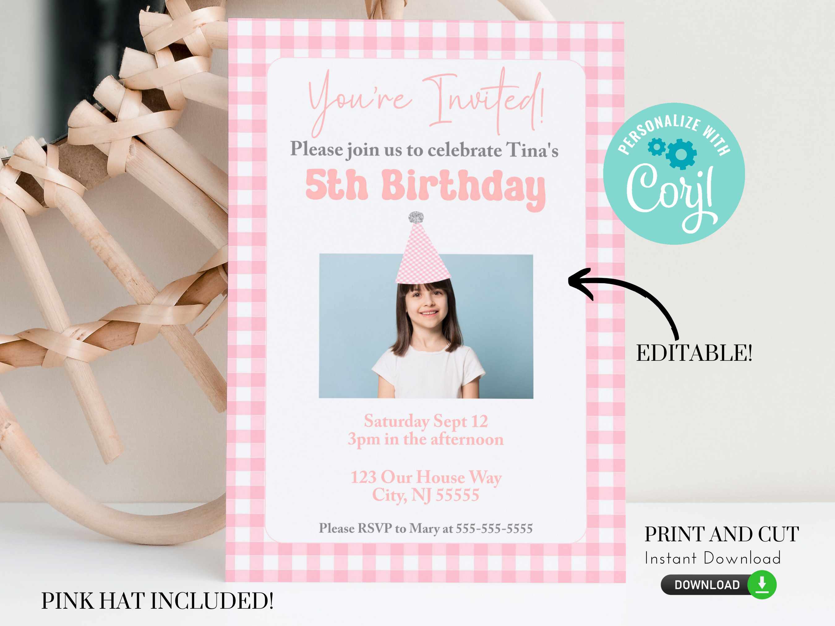 Pink Gingham Invitation with Photo 150L design preview