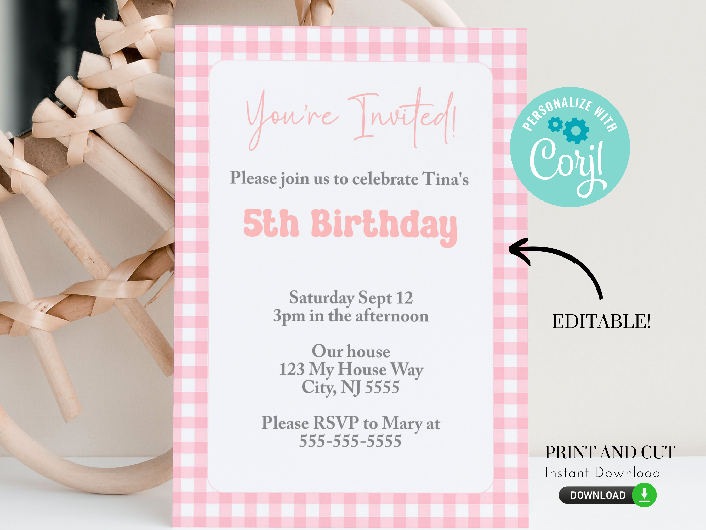 Pink Gingham Invitation 150K design preview