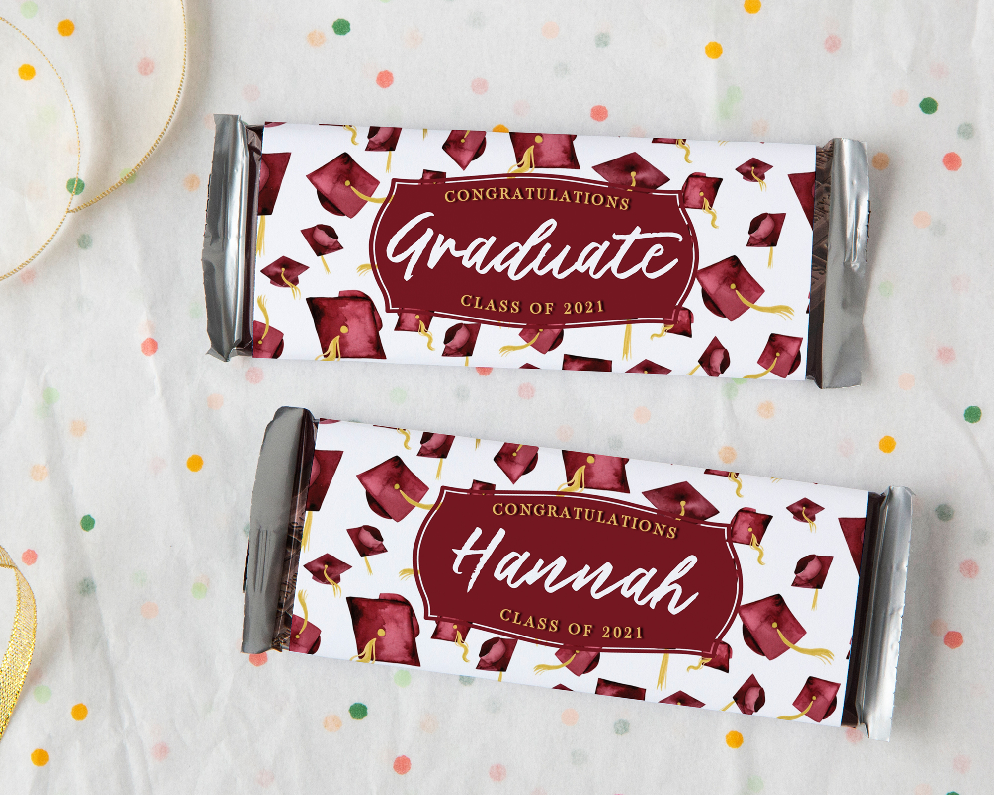Candy Bar Wrapper - Burgundy Graduation Caps design preview