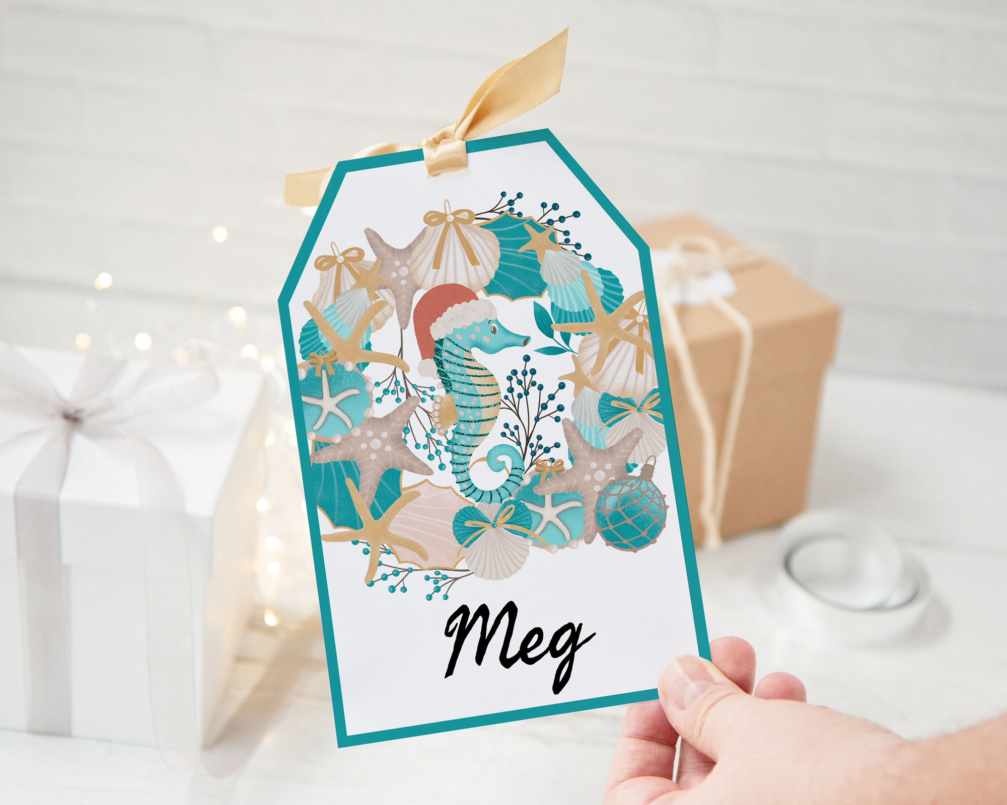 Jumbo Gift Tag - Turquoise Christmas Seahorse design preview