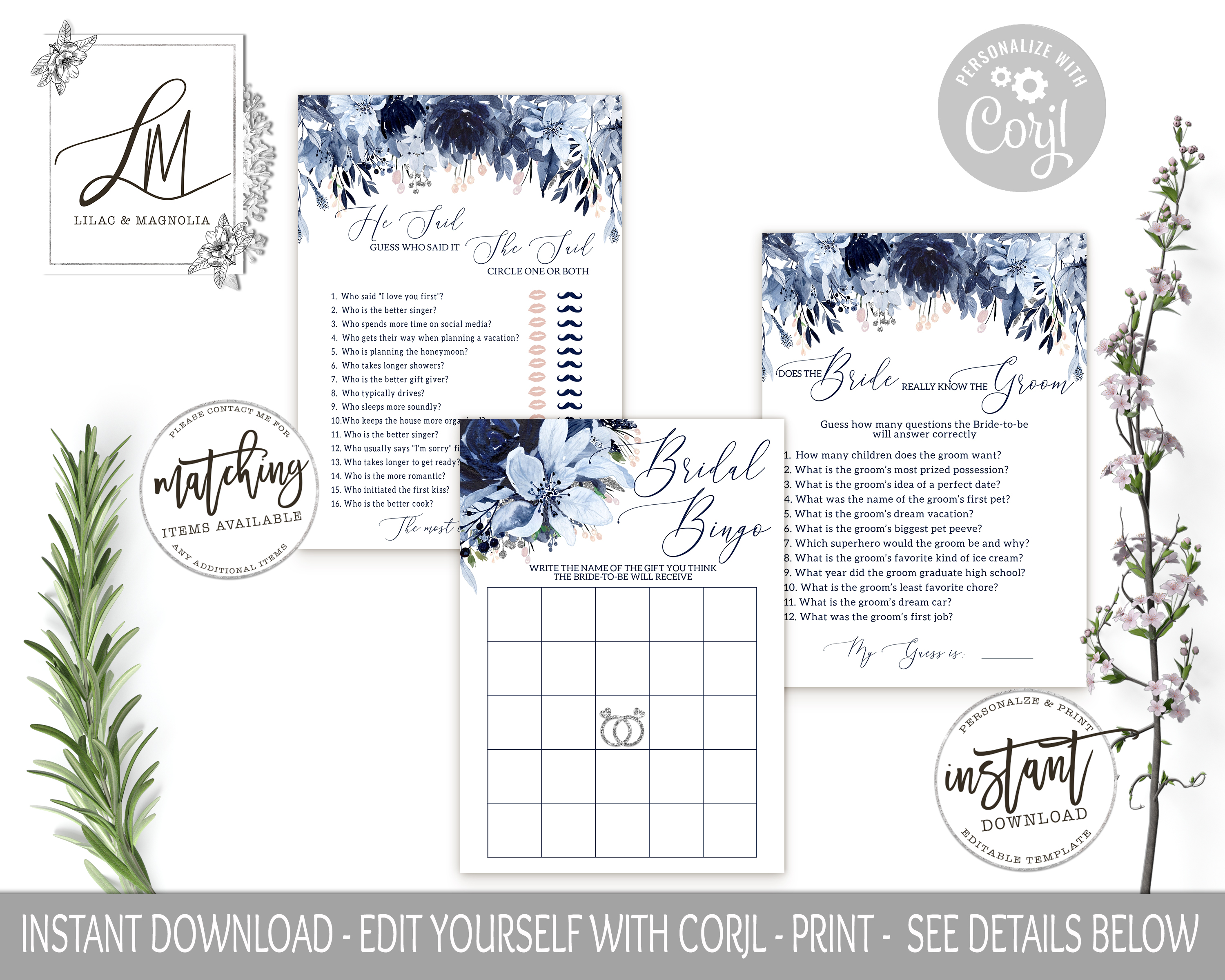 Navy Dusty Blue and Blush Pink Bridal Game card Package design preview