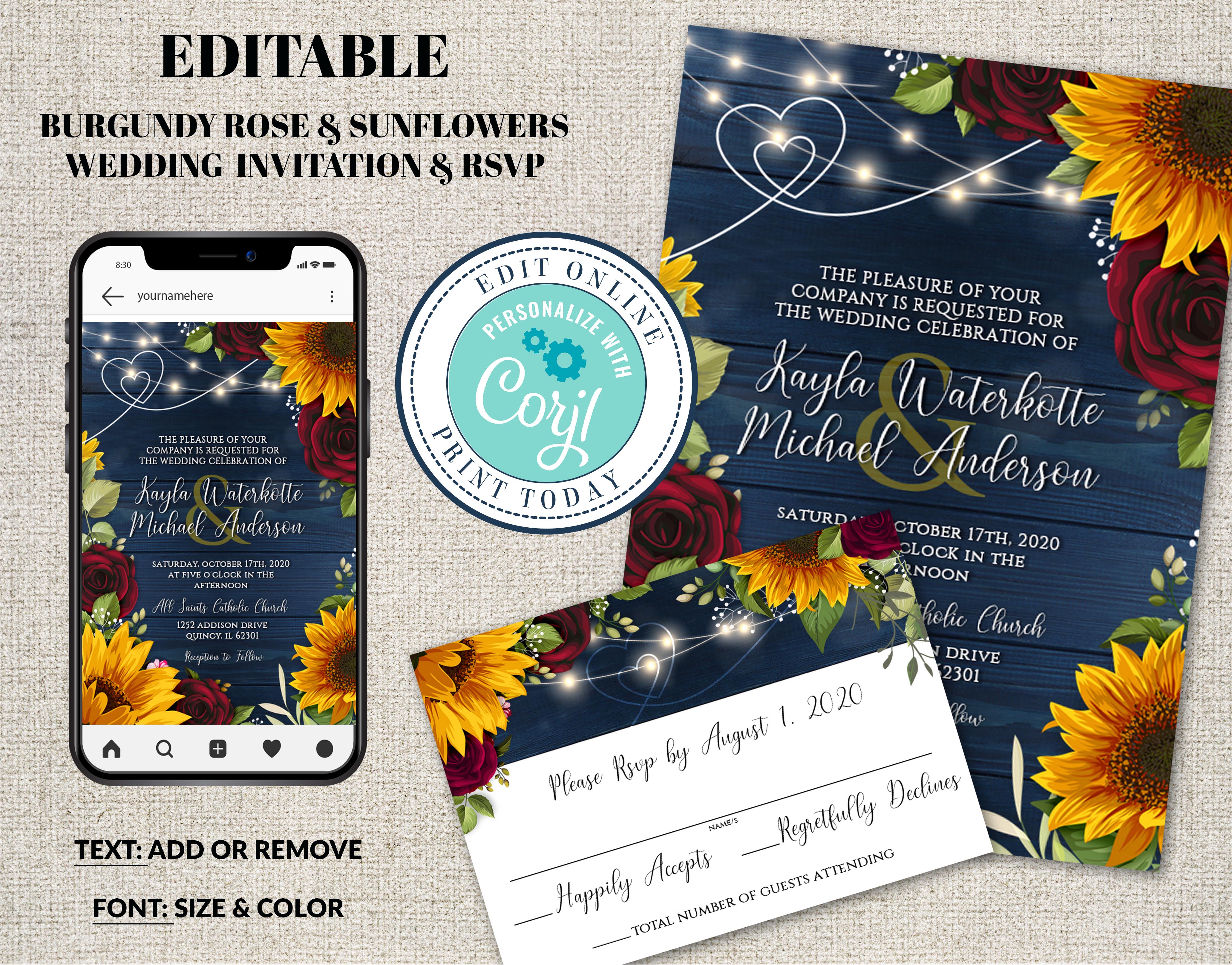 Sunflower Burg Roses BLue Wood Invite Rsvp design preview