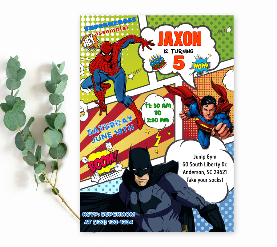 Comic book superheroes birthday invitation design preview