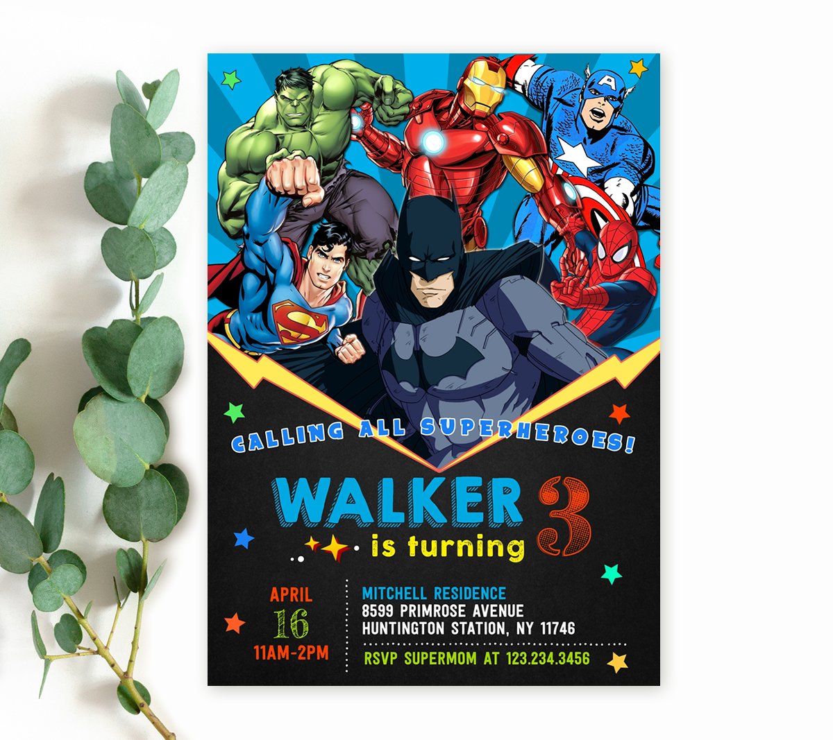 Superheroes birthday invite vertical design preview