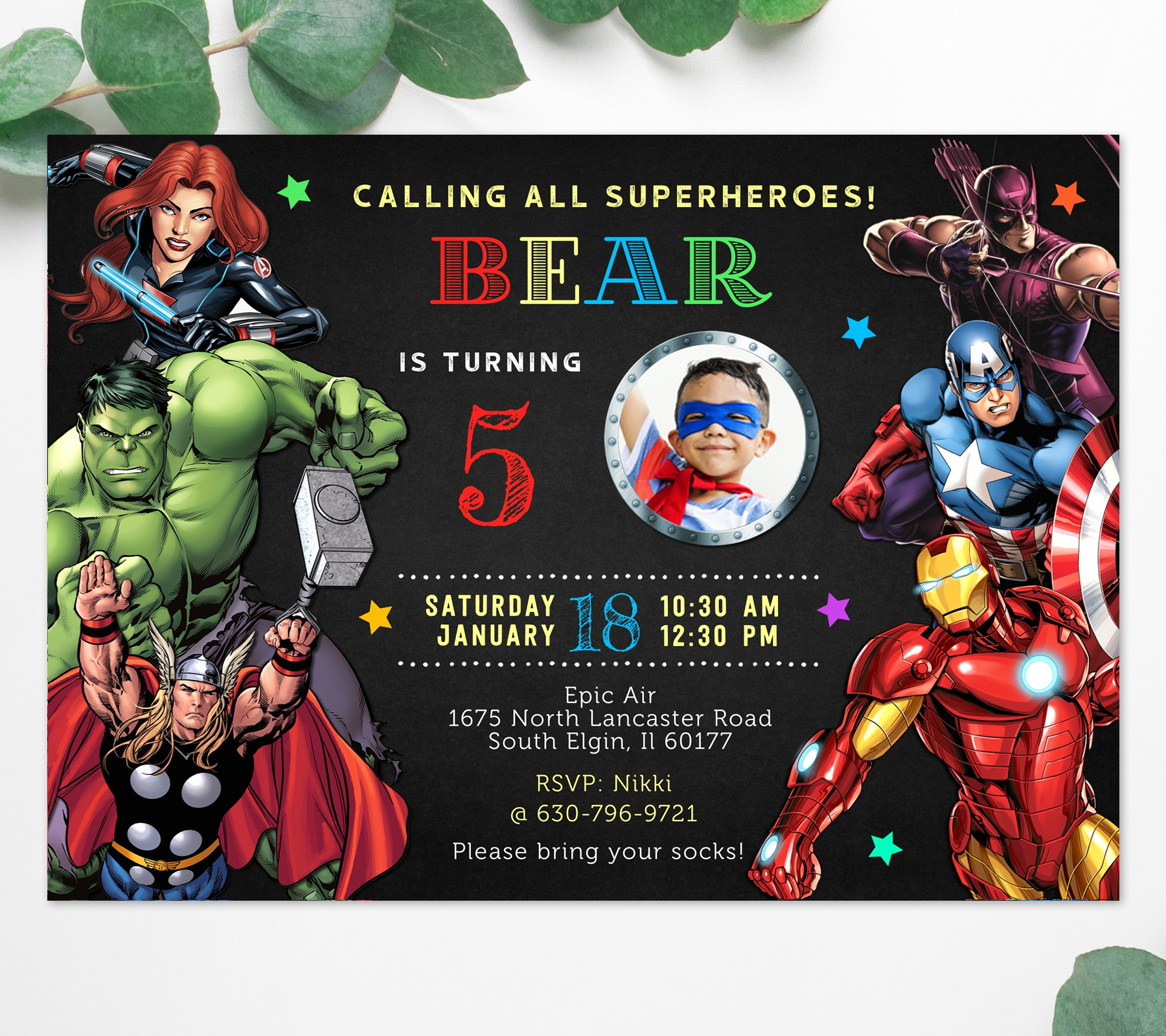 Marvel superheroes birthday invitation with photo design preview